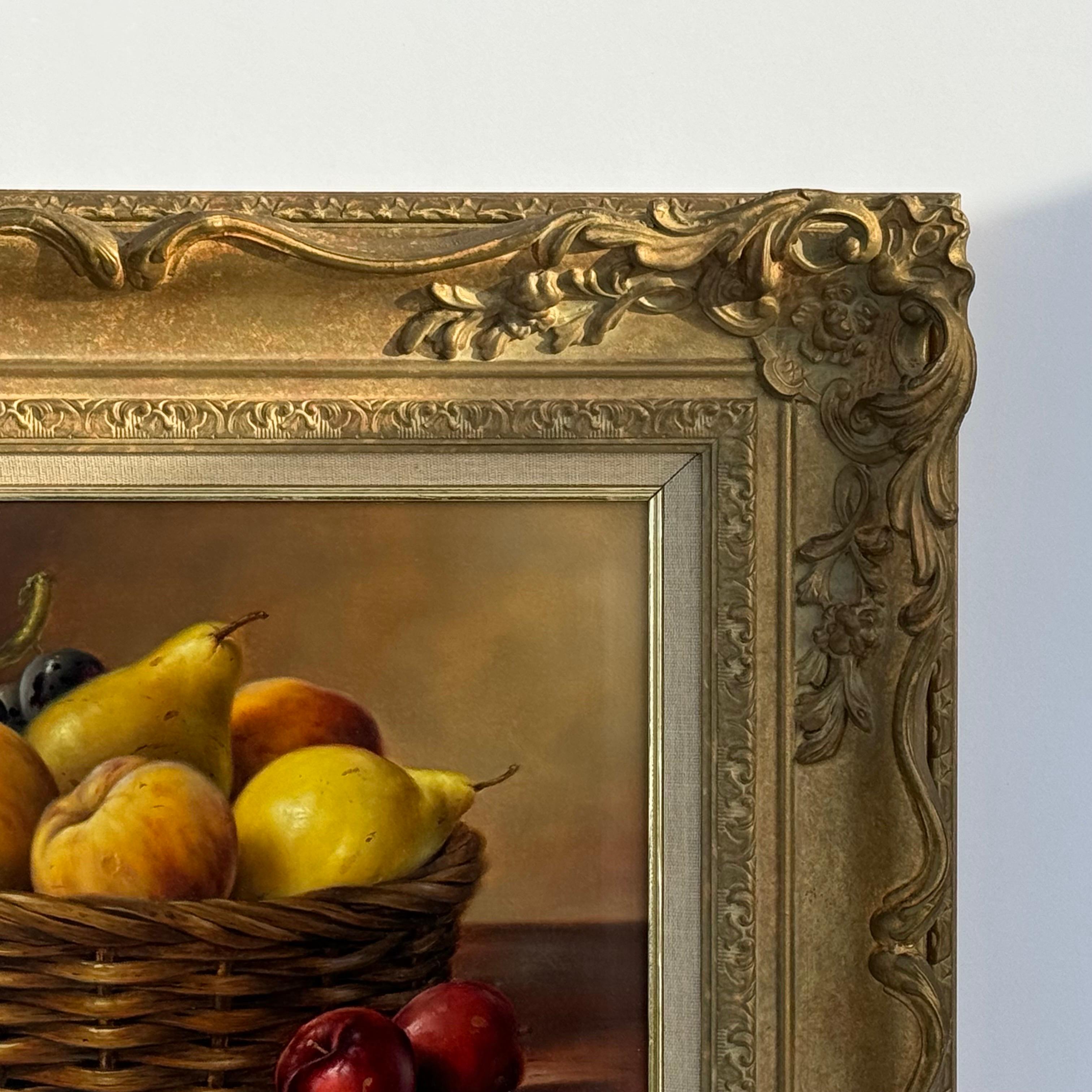 Still Life with Fruit in Basket - Vintage Oil in Ornate Frame by British Artist For Sale 1