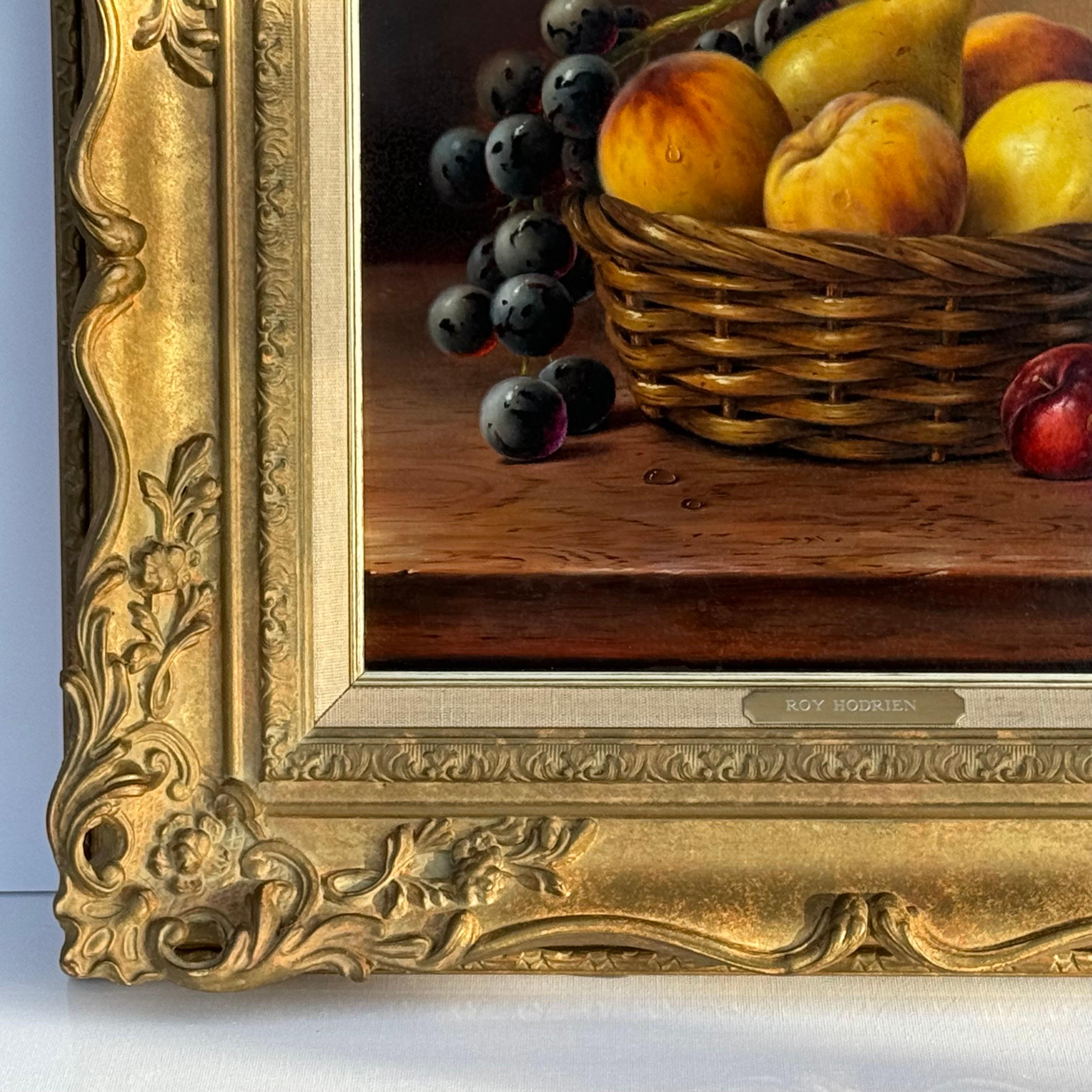 Still Life with Fruit in Basket - Vintage Oil in Ornate Frame by British Artist For Sale 3