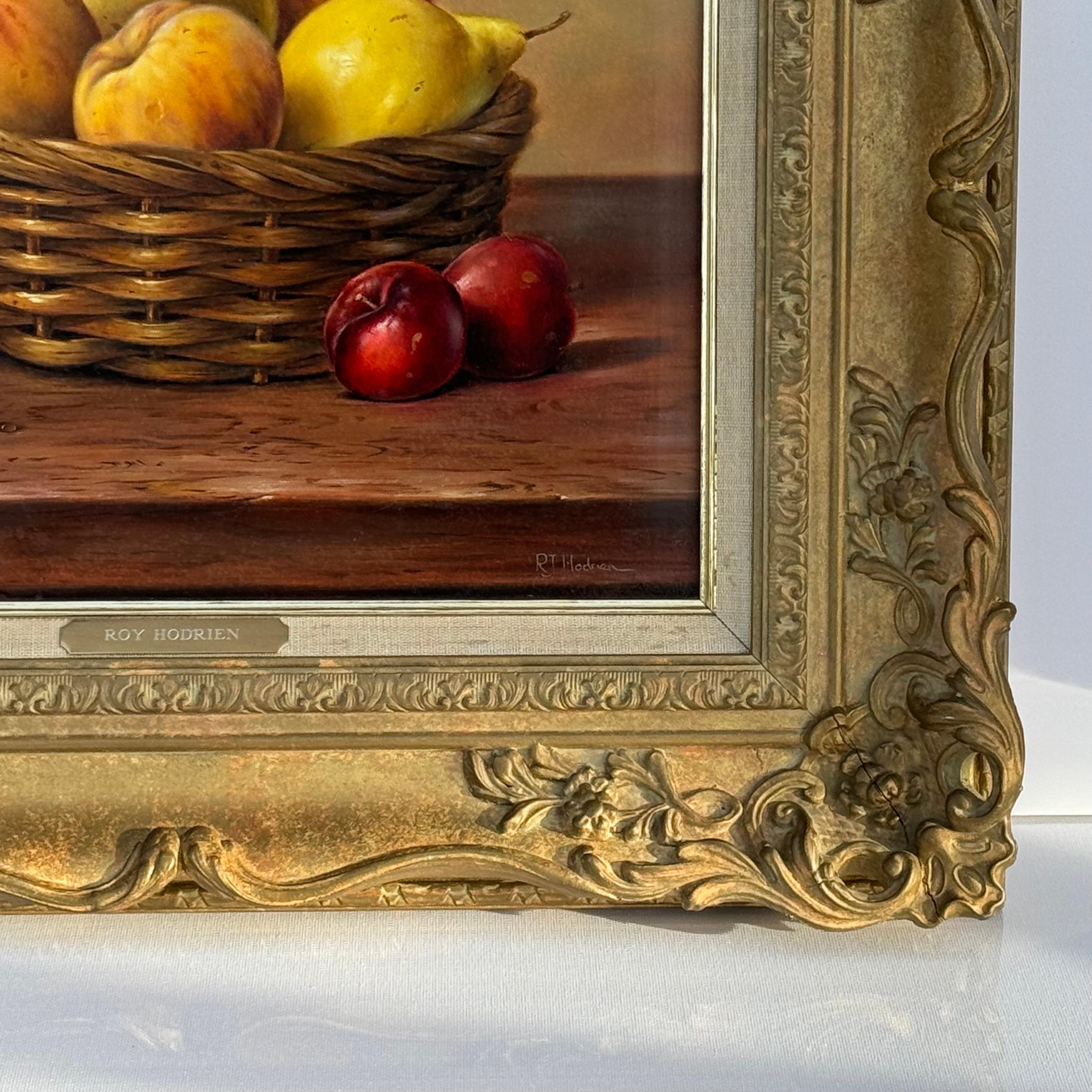 Still Life with Fruit in Basket - Vintage Oil in Ornate Frame by British Artist For Sale 4