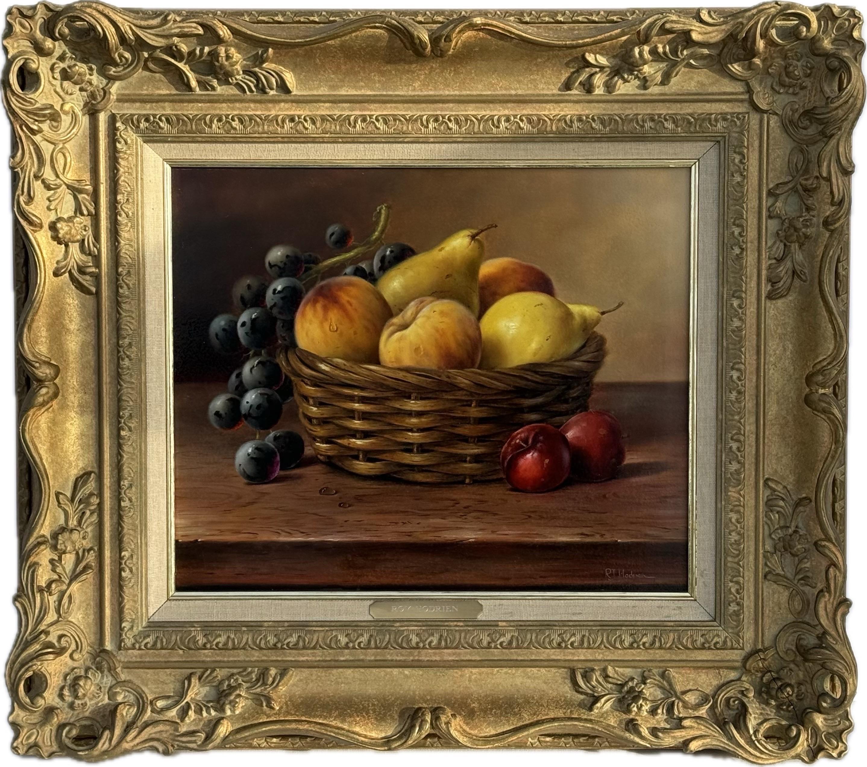 Natura morta con frutta in un cesto - Olio d'epoca in cornice ornata di un artista britannico