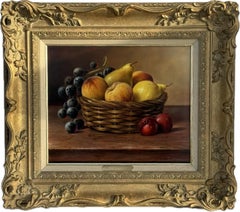 Natura morta con frutta in un cesto - Olio d'epoca in cornice ornata di un artista britannico