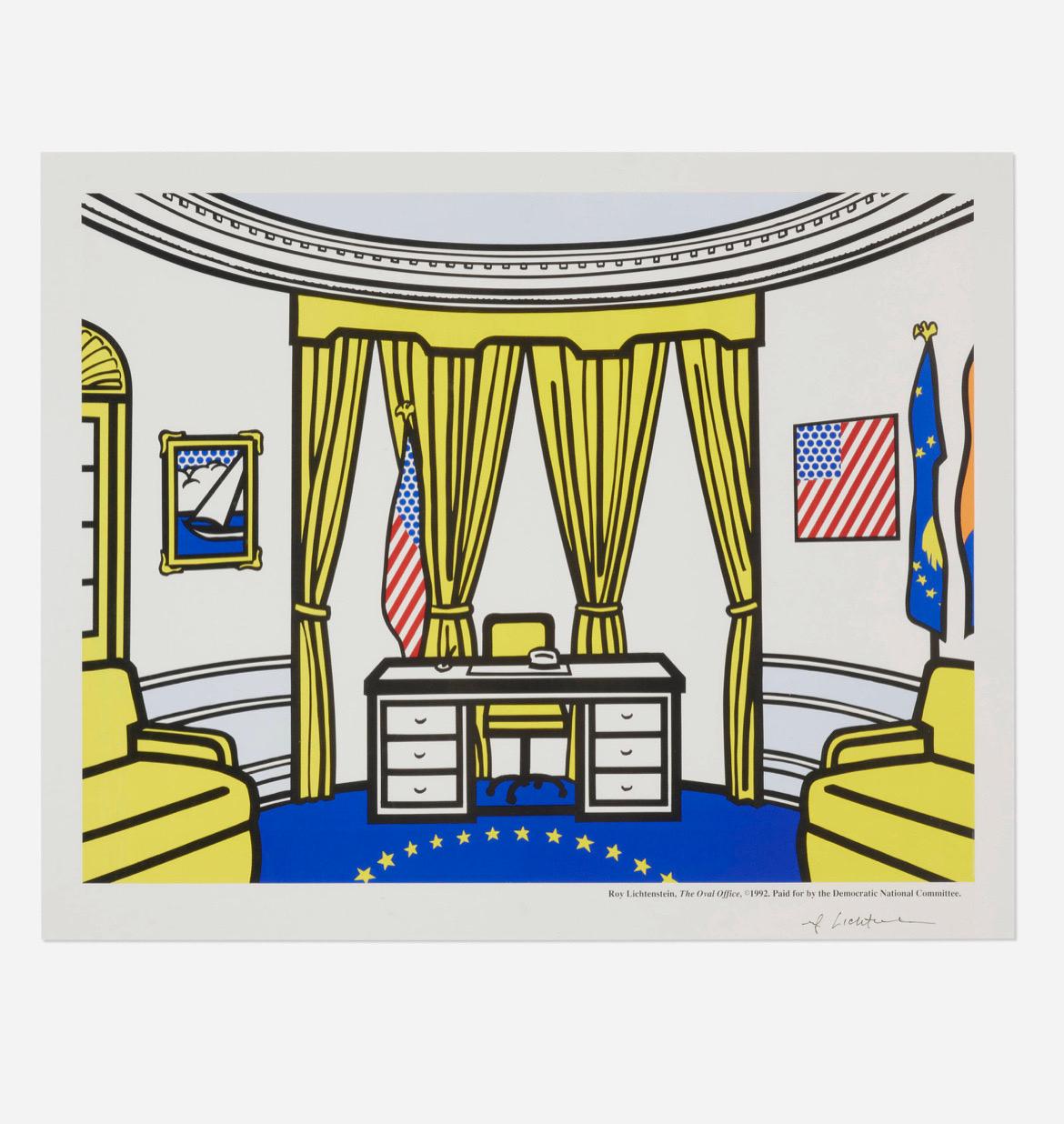 Roy Lichtenstein A New Generation of Leadership (The Oval Office), 1992
litografia offset a colori.
immagine: 25 h × 32½ l in (63 × 83 cm)
vista: 28½ h × 35⅜ l in (72 × 90 cm)

Firmato in basso a destra 