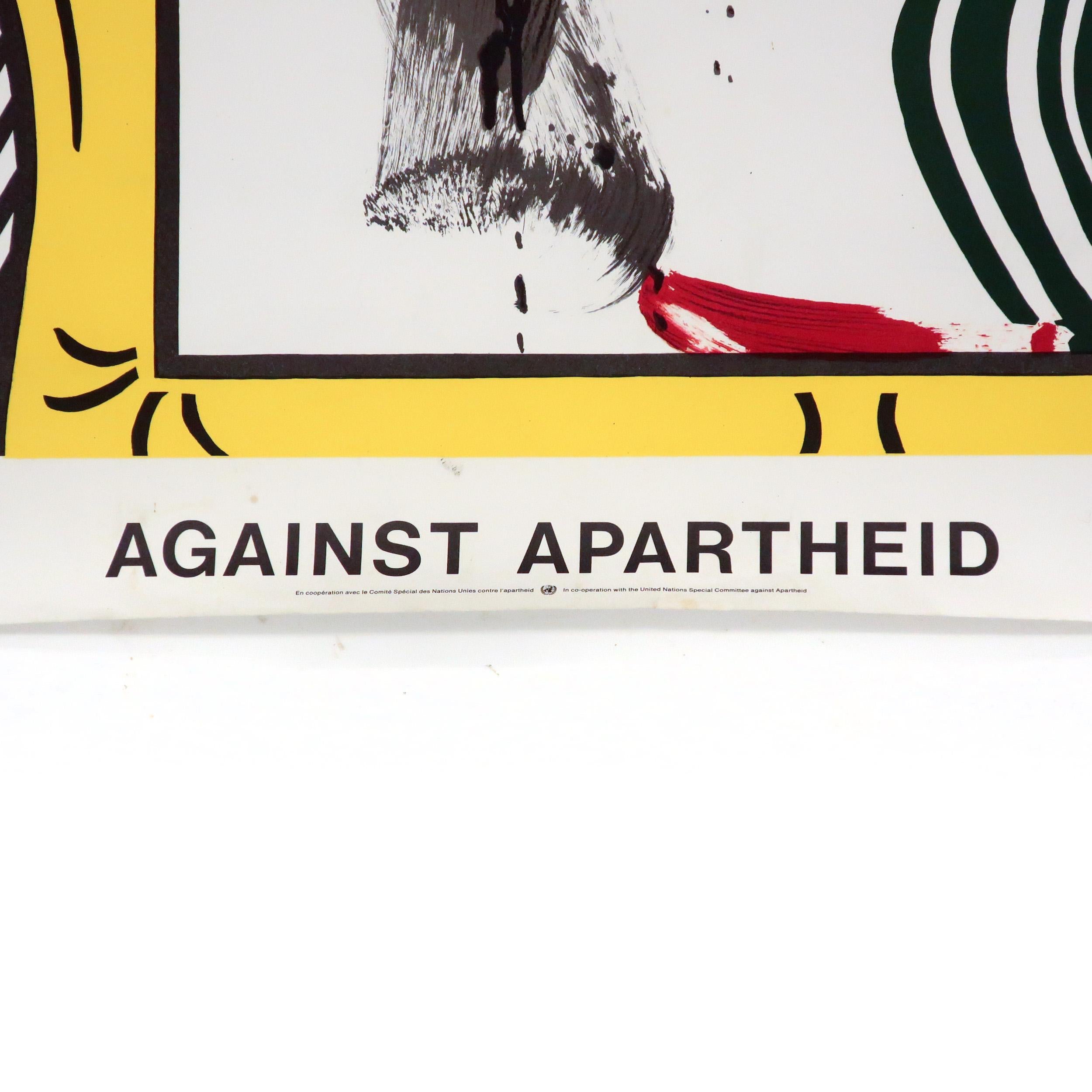 A 1983 lithograph designed and created by American artist Roy Lichtenstein (1923-1997) to help fight Apartheid -- a system of legal racial segregation enforced by the South African government between 1948 and 1994. One of several posters in a series