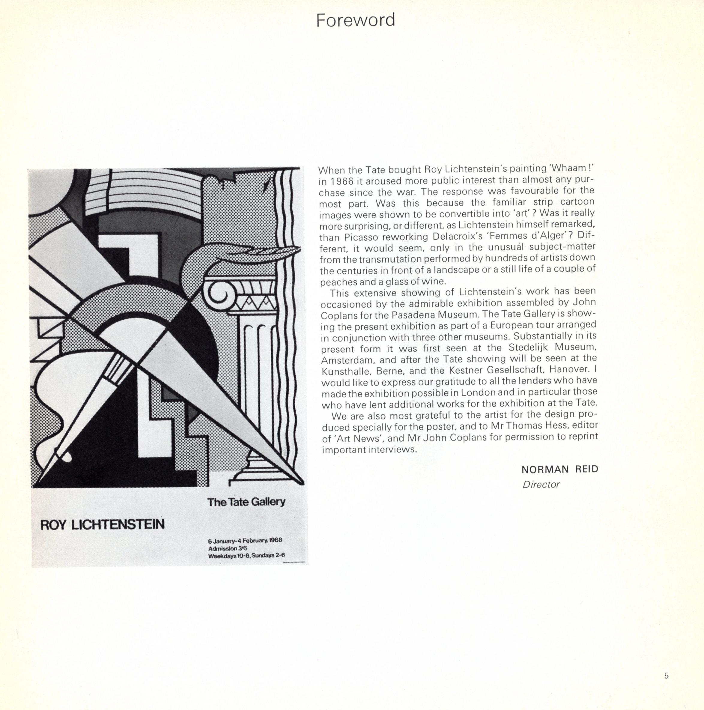Roy Lichtenstein at The Tate Gallery 1968 'Exhibition Catalog' 1
