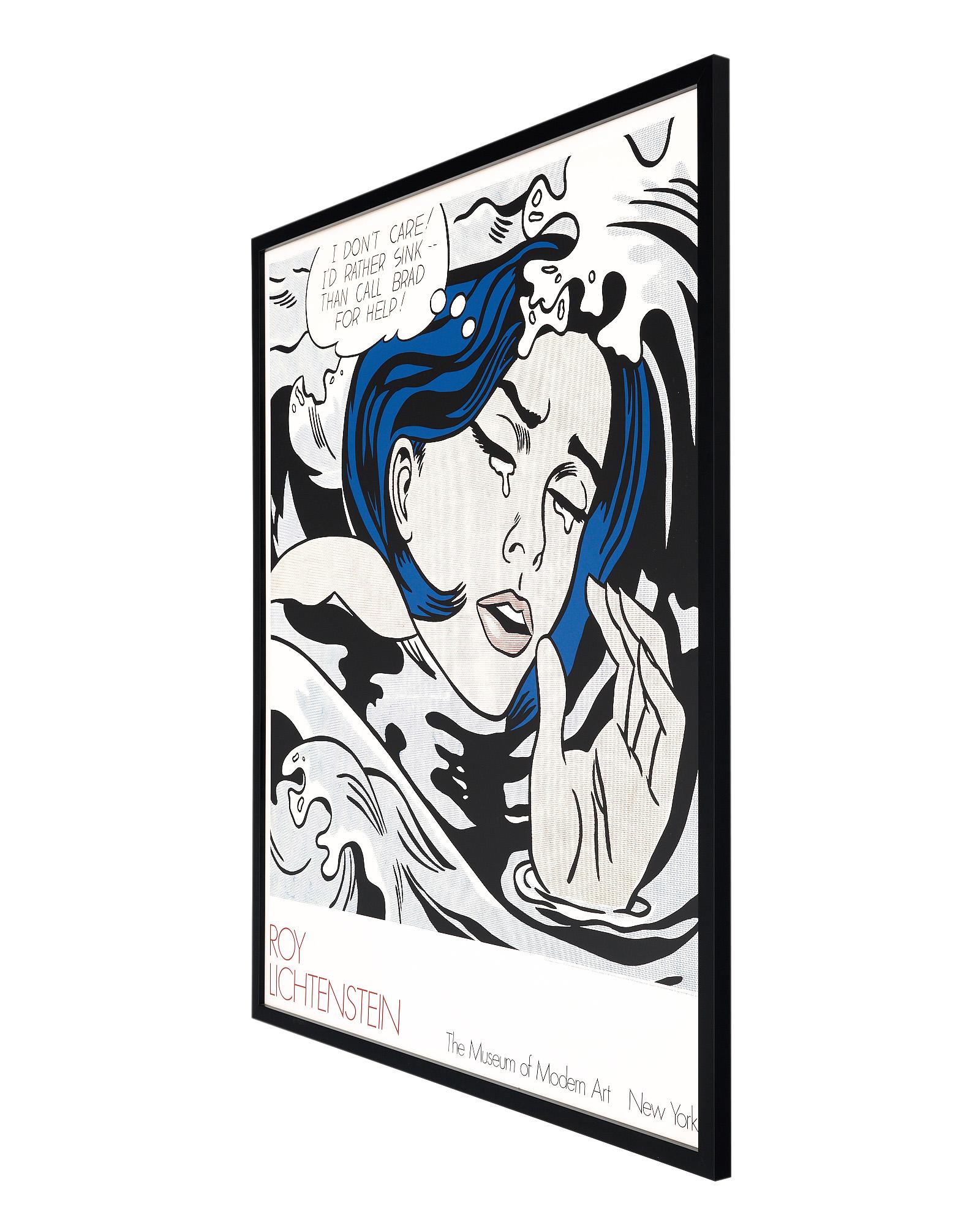 Framed print by Roy Lichtenstein created for the New York Museum of Modern Art in 1989. This original poster titled “Drowning Girl” was inspired by a DC Comic and shows a girl drowning in water and emotion. The speech bubble reads “I don’t care! I’d