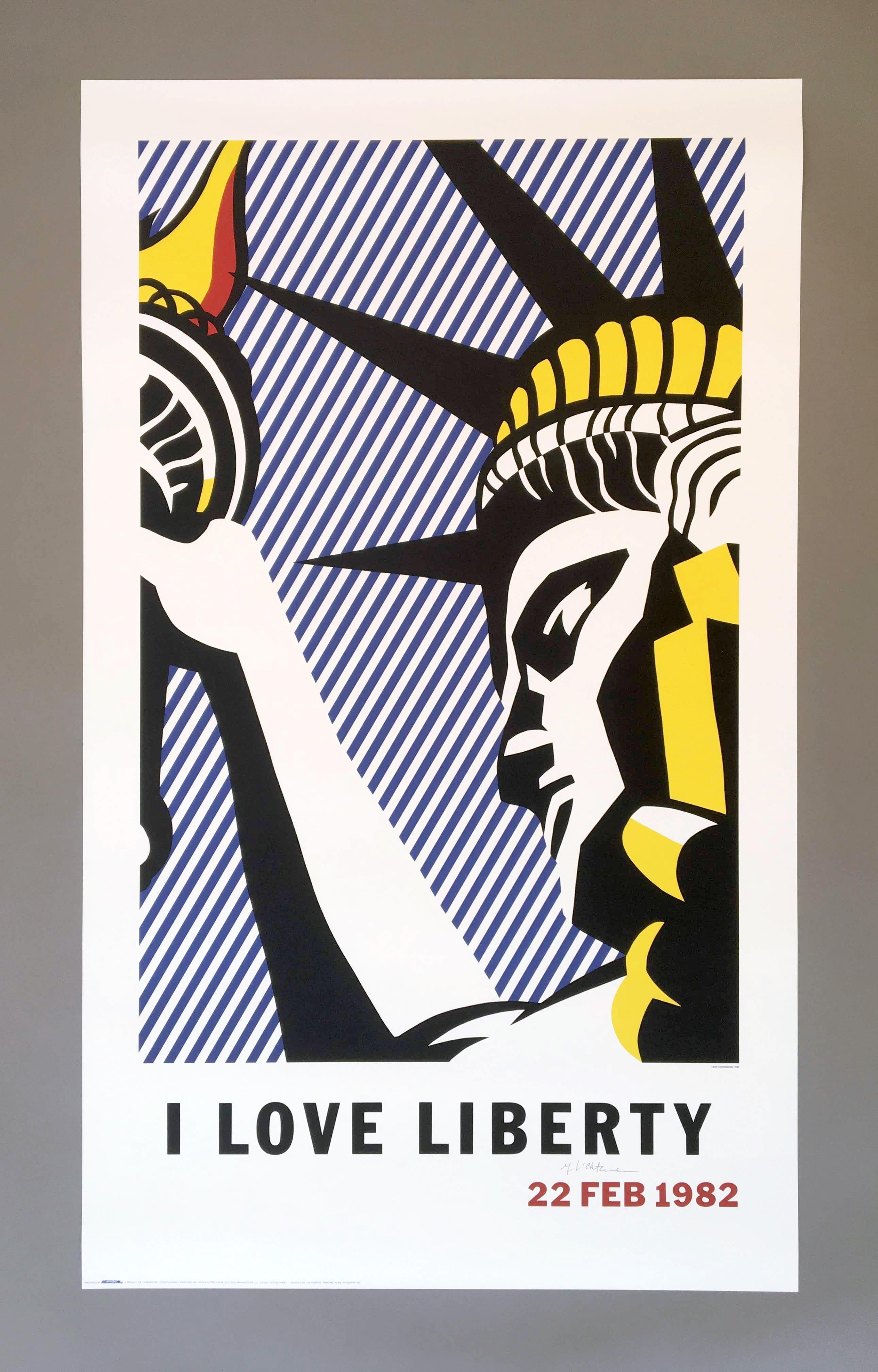 Roy Lichtenstein (United States, 1923-1997)
'I Love Liberty', 1982
 
This famous image features the iconic Statue of Liberty and was created in partnership with the 'I Love Liberty' celebration in 1982, filmed in Los Angeles and broadcasted on