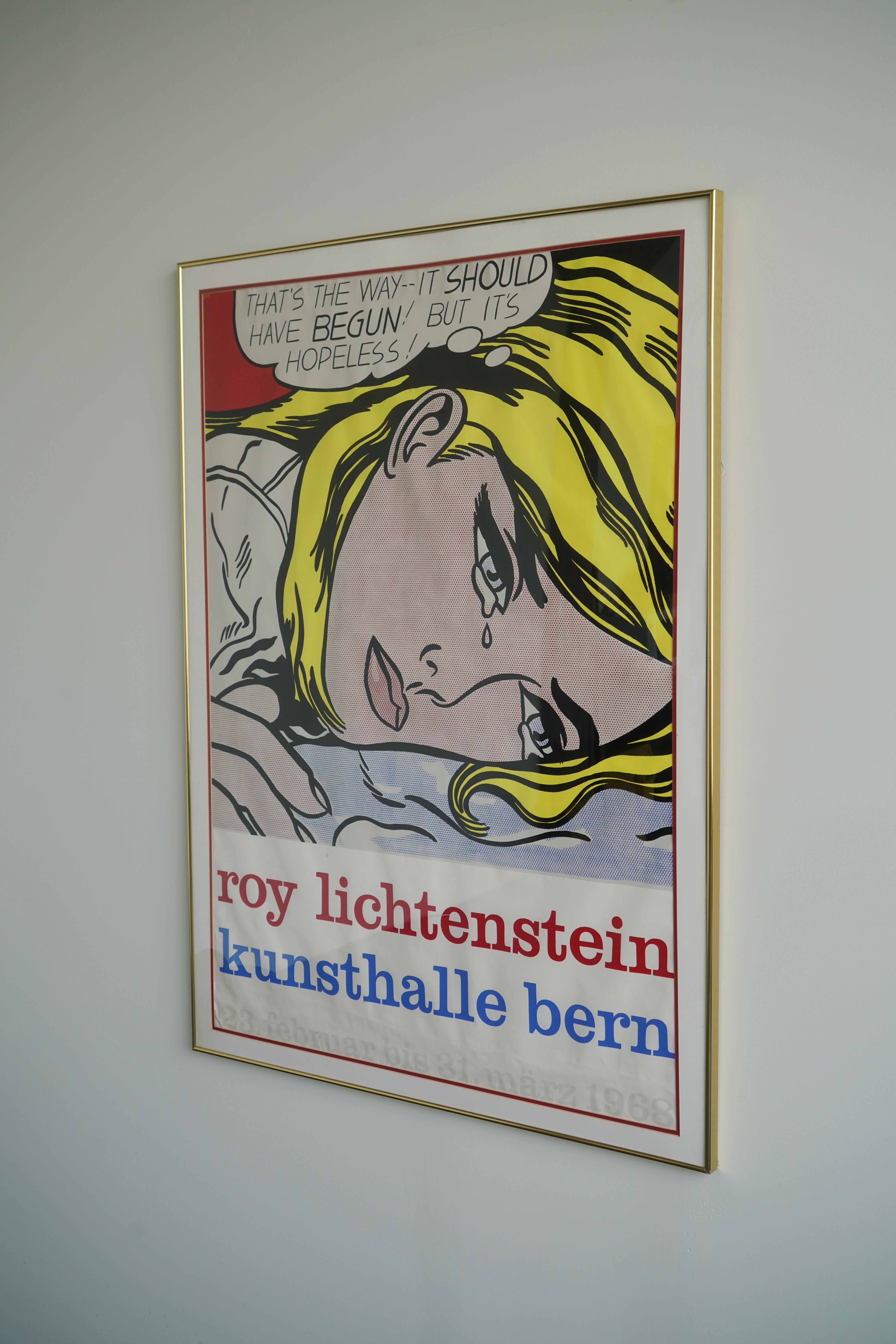 Roy Lichtenstein Kunsthalle Bern exhibition poster

Serigraph, ca. 1968

Framed

Dimensions:

49.5” x 34.5”

Frame: 53.5” x 39.5” 

Condition: Overall good vintage condition. A few minor crinkles on paper.
