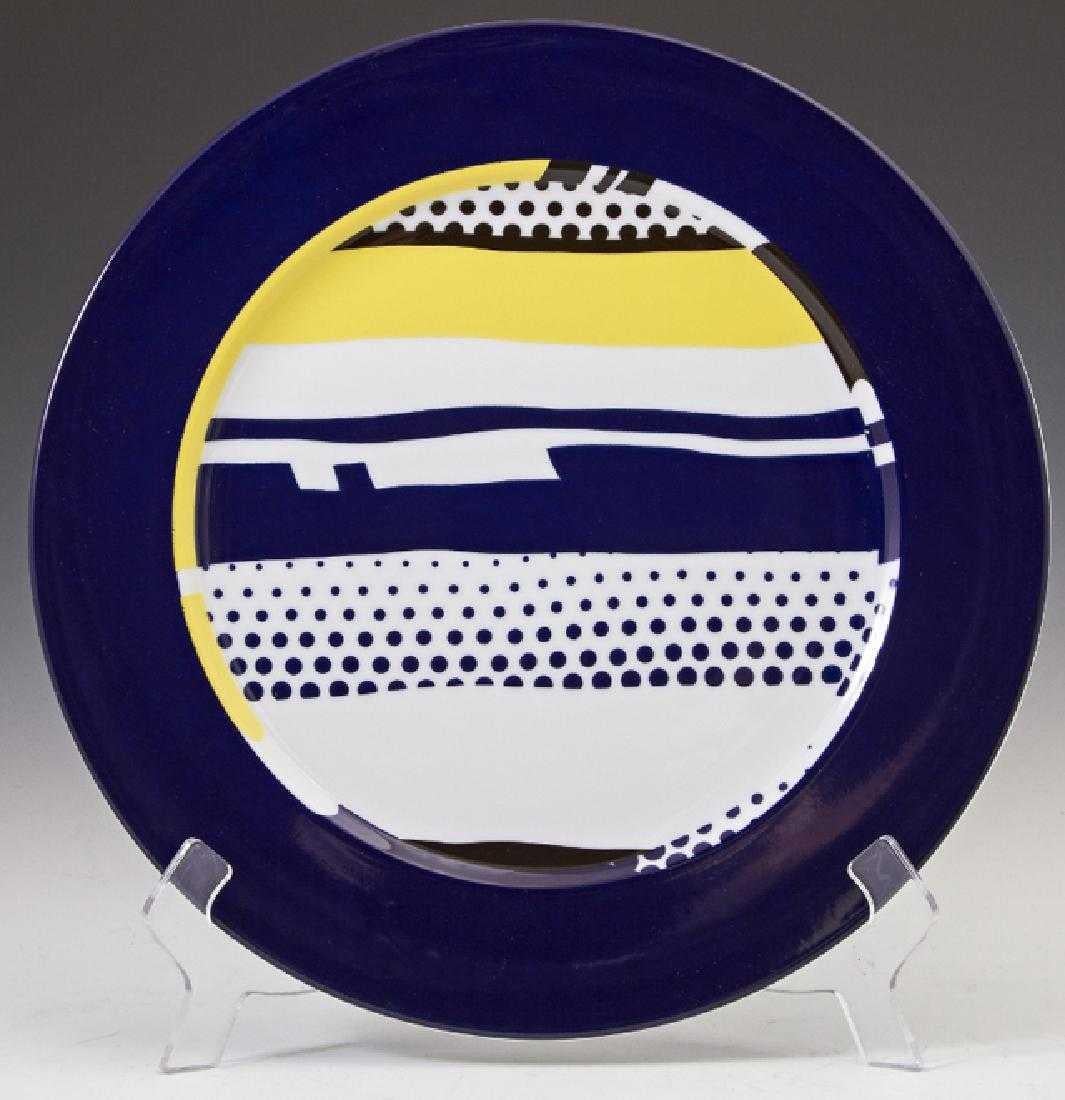 This Lichtenstein plate, commissioned by Rosenthal/Germany, is hand-colored porcelain, stamp signed and inscribed  “Kunstlerplatzteller" / "Rosenthal Studio-Linie Germany" (verso), measuring 12 ¼ in (31 cm) diameter, from the edition of