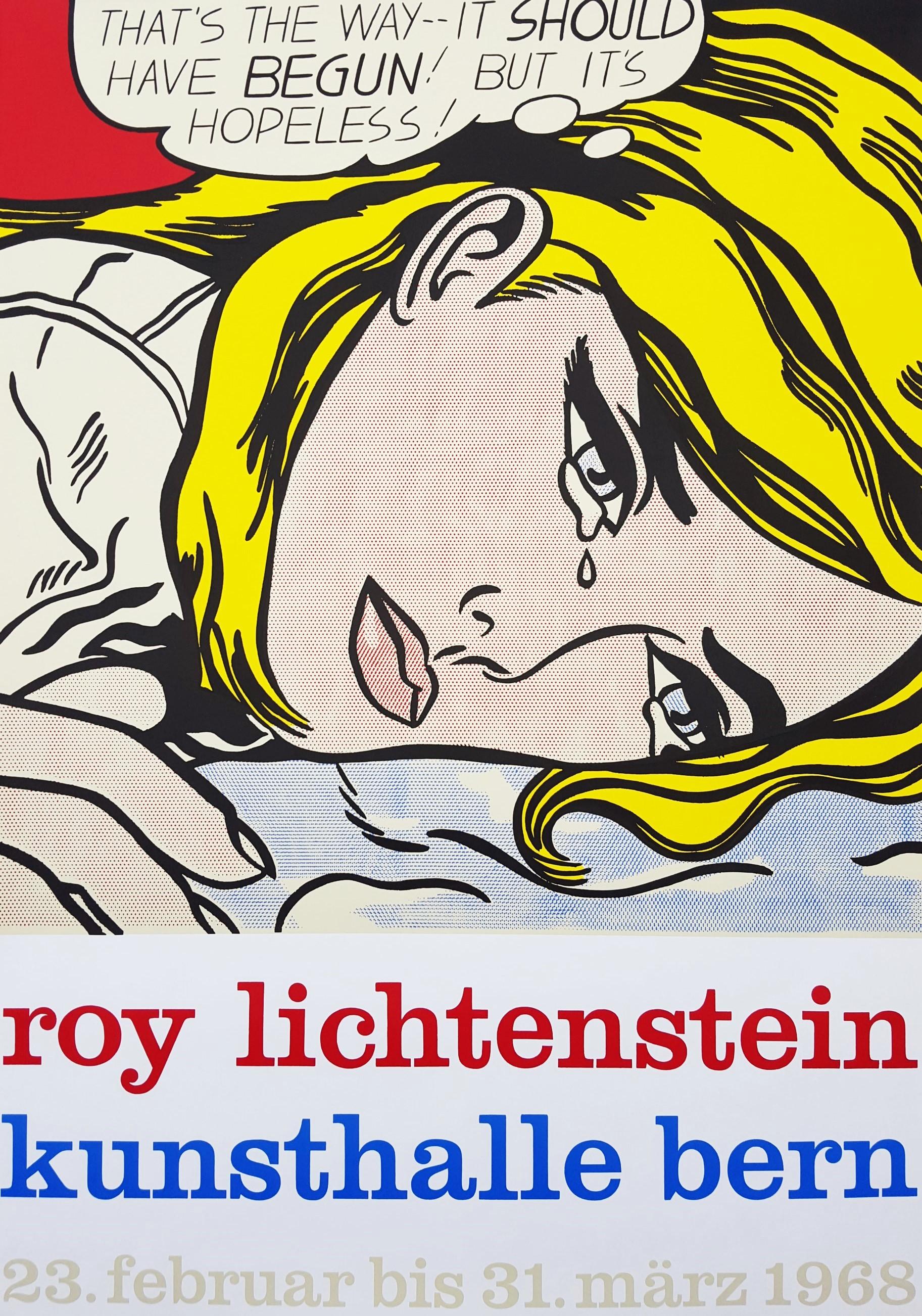 Artistics : (d'après) Roy Lichtenstein (Américain, 1923-1997)
Titre : "Kunsthalle Bern (Hopeless)"
Année : 1968
Support : Sérigraphie originale, affiche d'exposition sur papier vélin léger
Edition limitée : Inconnu
Imprimeur : Albin Uldry, Berne,