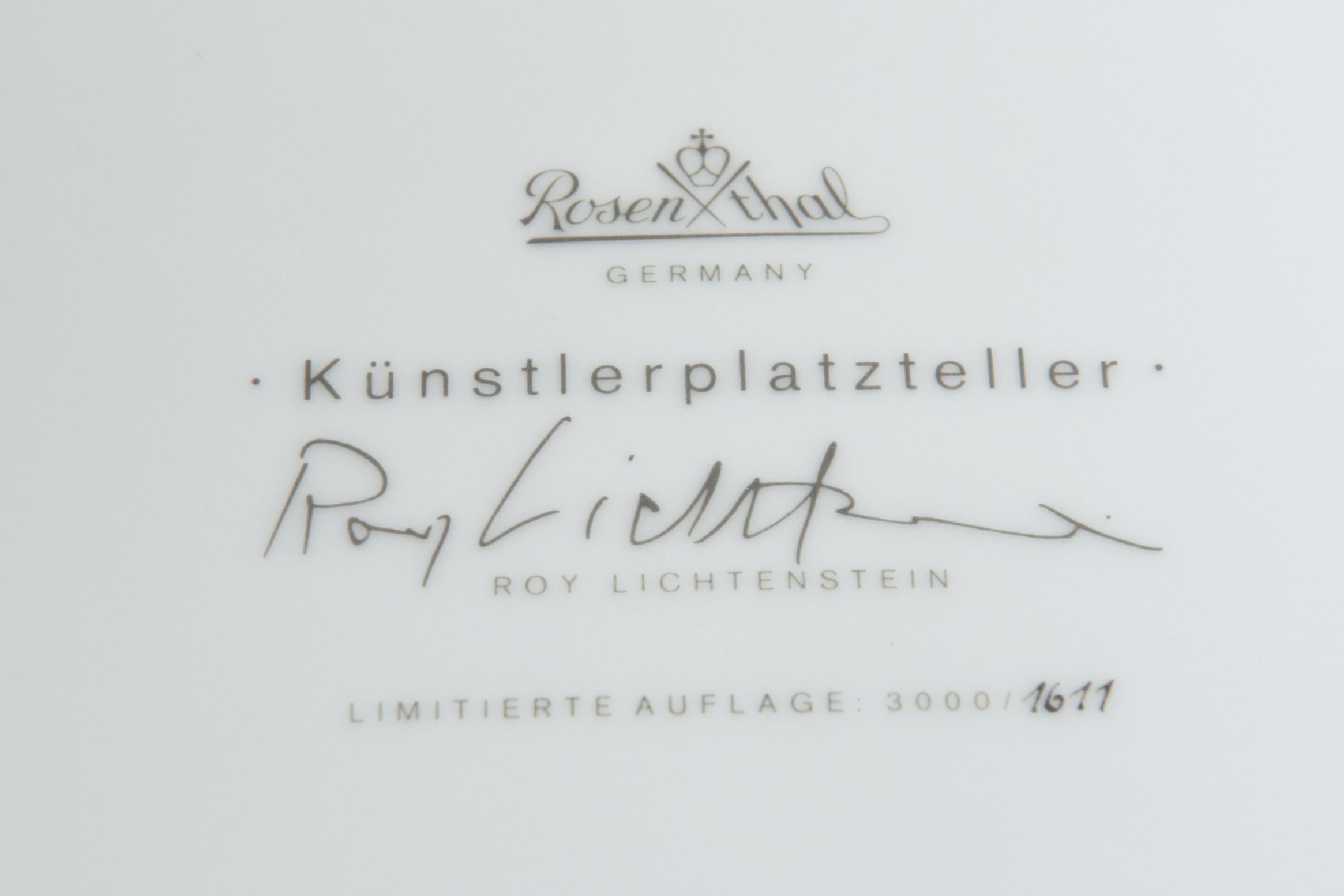 Roy Lichtenstein's Rosenthal Porcelain Plate-#1611/3000-Signed 1990 In Excellent Condition In West Palm Beach, FL