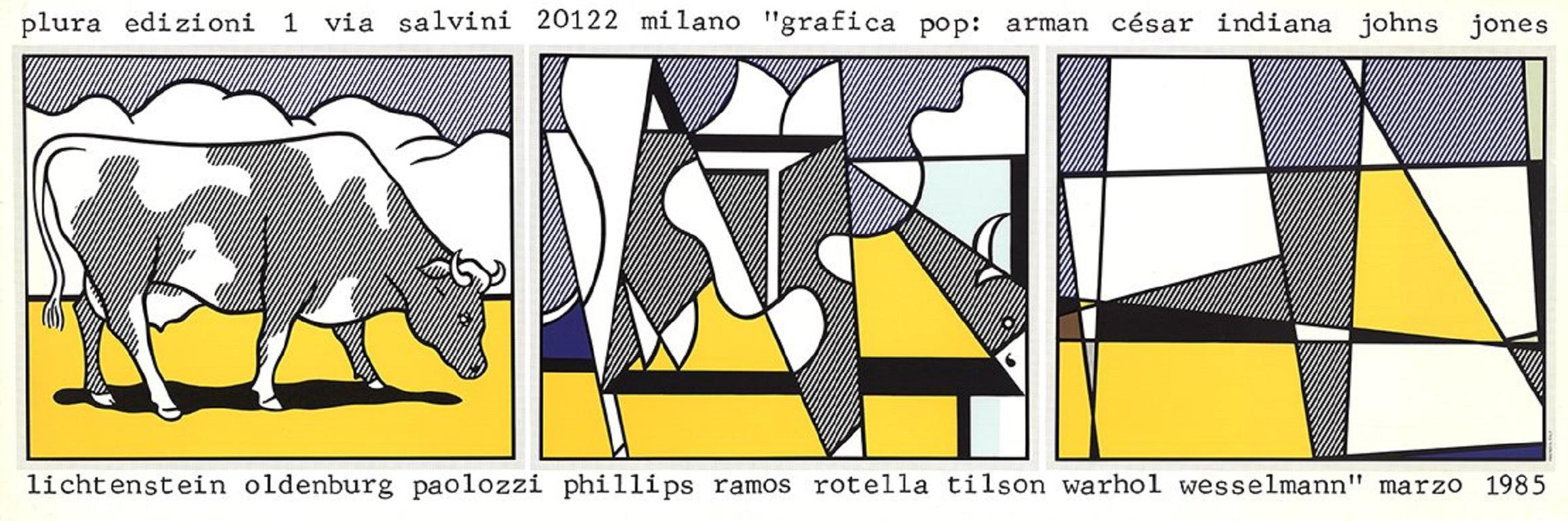 This vibrant and dynamic print exemplifies Lichtenstein's iconic Pop Art style. Published by Plura Edizioni in Milano, Italy, in 1985, this piece is part of the original edition, distinguishing it from unauthorized third-party versions that lack