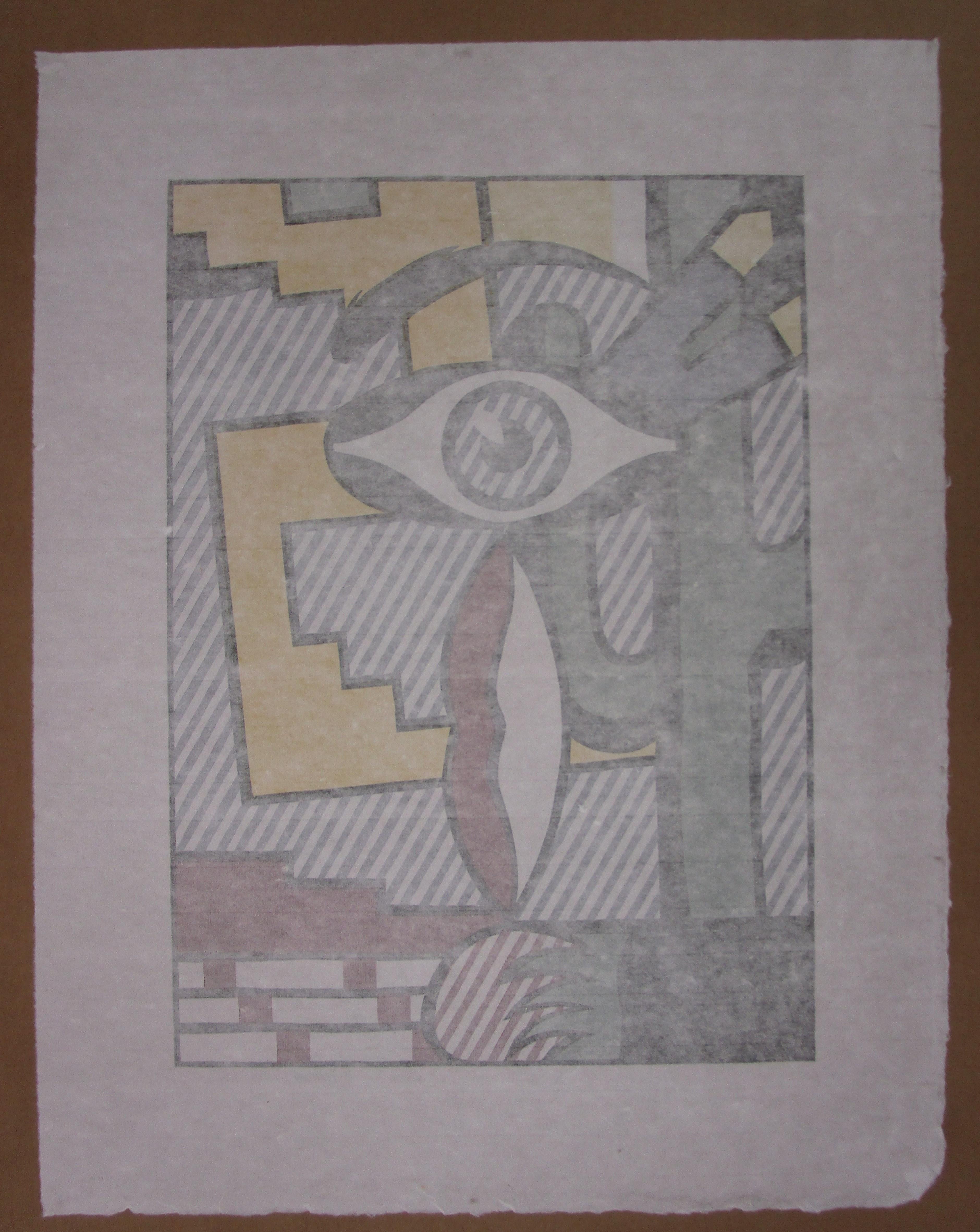 Gravure sur bois sur papier Suzuki fait main.  Extrait de la série de thèmes sur les Indiens d'Amérique. Signée à la main par Lichtenstein, numérotée et datée '80 au crayon en bas à droite. Tampon à l'aveugle en bas à droite. Cinq couleurs en cinq