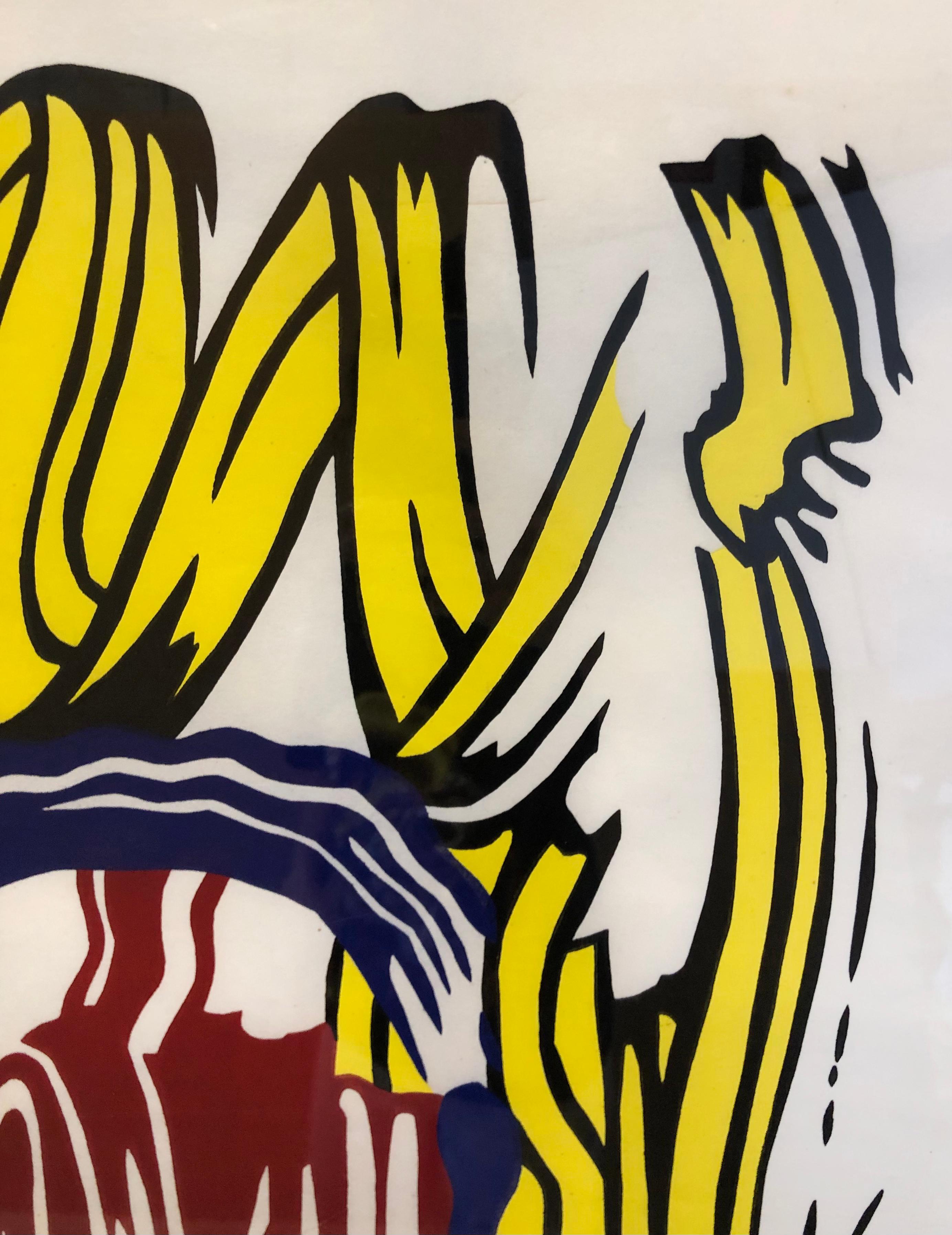 This Roy Lichtenstein woodcut from the Seven Apple Woodcuts portfolio is an electric take on the humble still life. Striated black and blue brushstrokes sketch the outline of an apple, filled with graphic ribbons of color that fall in folds towards