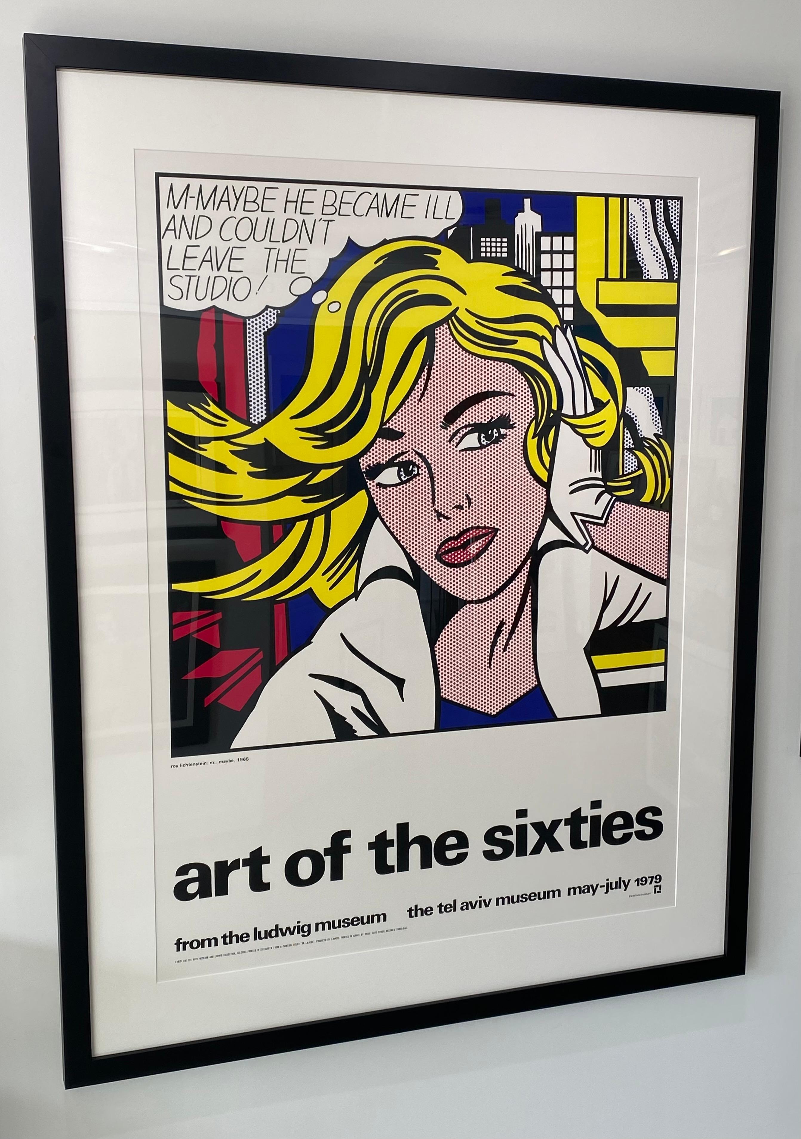 Roy Lichtenstein Art of the Sixties screen print poster printed at the time of the exhibition in 1979 for the exhibition at the Tel Aviv Museum in Israel. Please note that the frame dimensions are 59.5