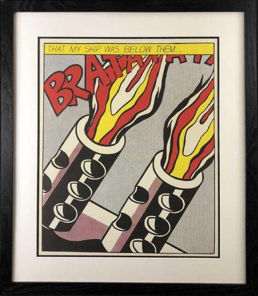 (after) Roy Lichtenstein
Cartel Mientras abría fuego (según el cuadro de 1923)
Tríptico de litografía offset sobre papel grueso tejido
Cada marco: 33,5 x 29,25 pulg.
Firmado en el panel del extremo derecho
Edición de 3000 ejemplares aparte de las