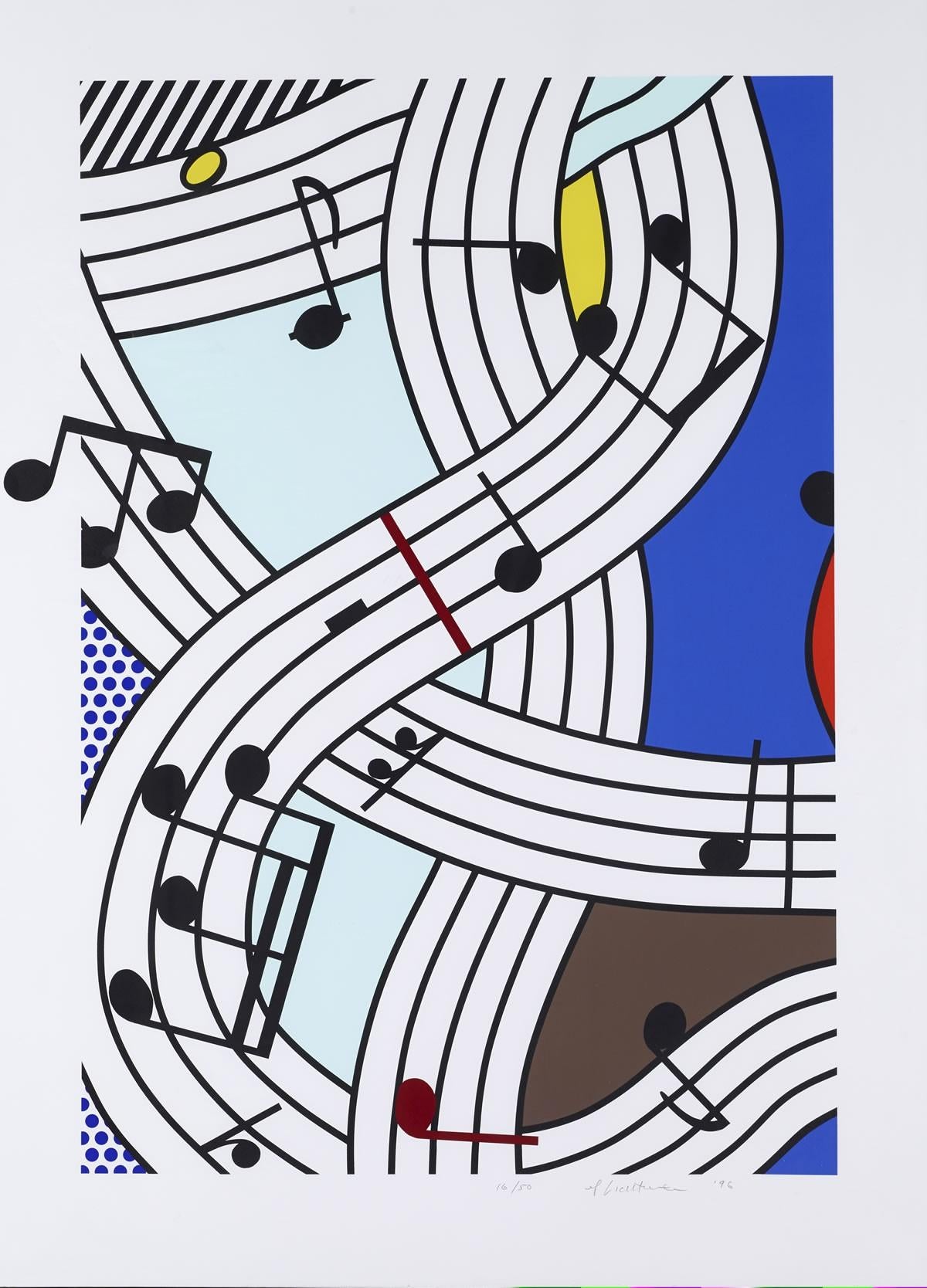 A large, vibrant and beautifully rendered image by Roy Lichtenstein, Composition I was created by the artist in 1996 as an original screenprint in colors, and is hand-signed in pencil, dated and numbered.  The artwork measures 47 5/8 x 34 ¾ in. (121