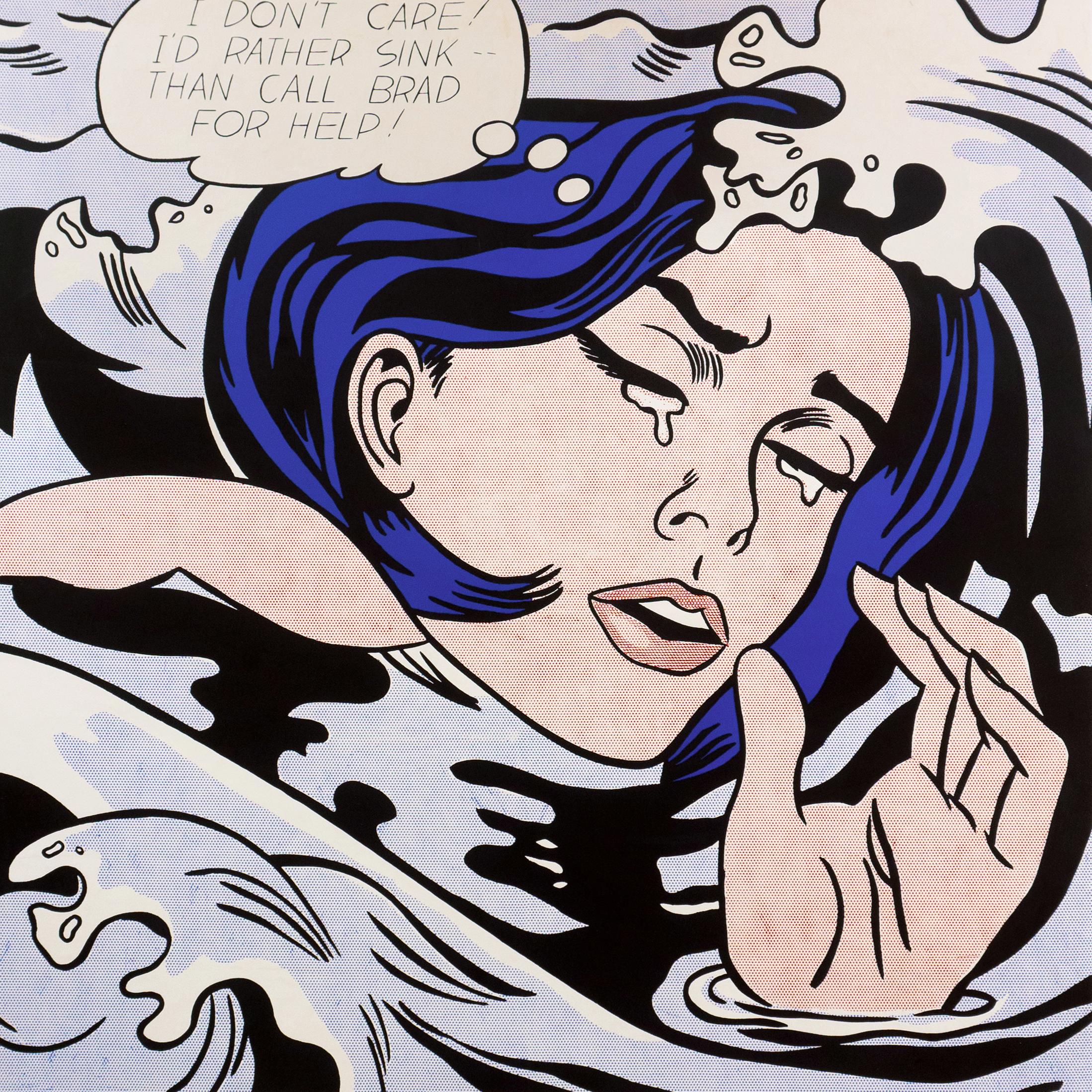 'Drowning Girl', Large, Artist Signed, NYMoMA Pop Art Exhibition Poster - Gray Figurative Print by Roy Lichtenstein