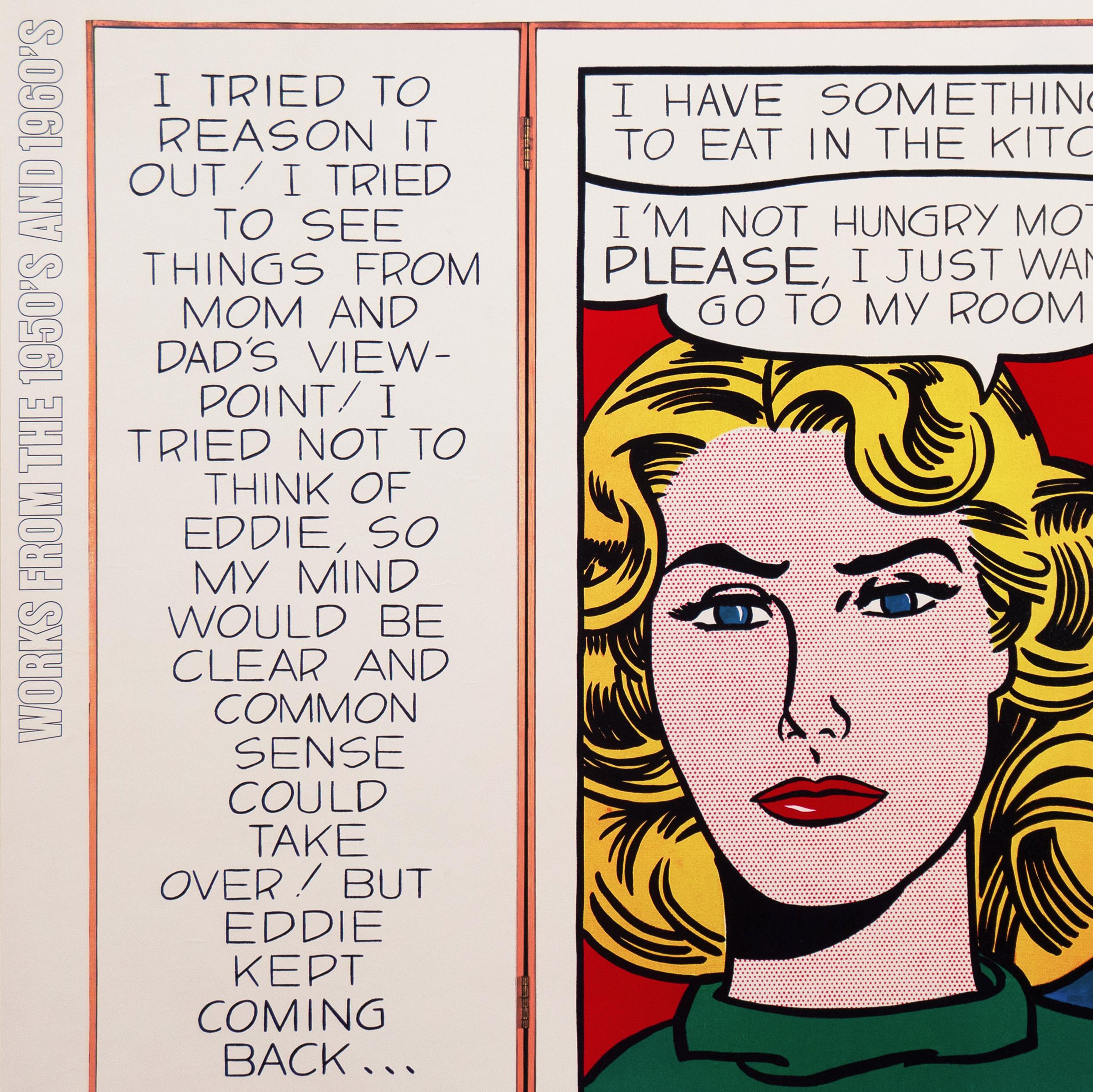 Vintage, 1986, Walker Art Center exhibition poster; signed, lower right, in pencil, 'R. Lichtenstein' for Roy Lichtenstein (American, 1923-1997) and accompanied by certificate of authenticity.

Printed, lower left, '(c) 1985 Roy Lichtenstein, Eddie