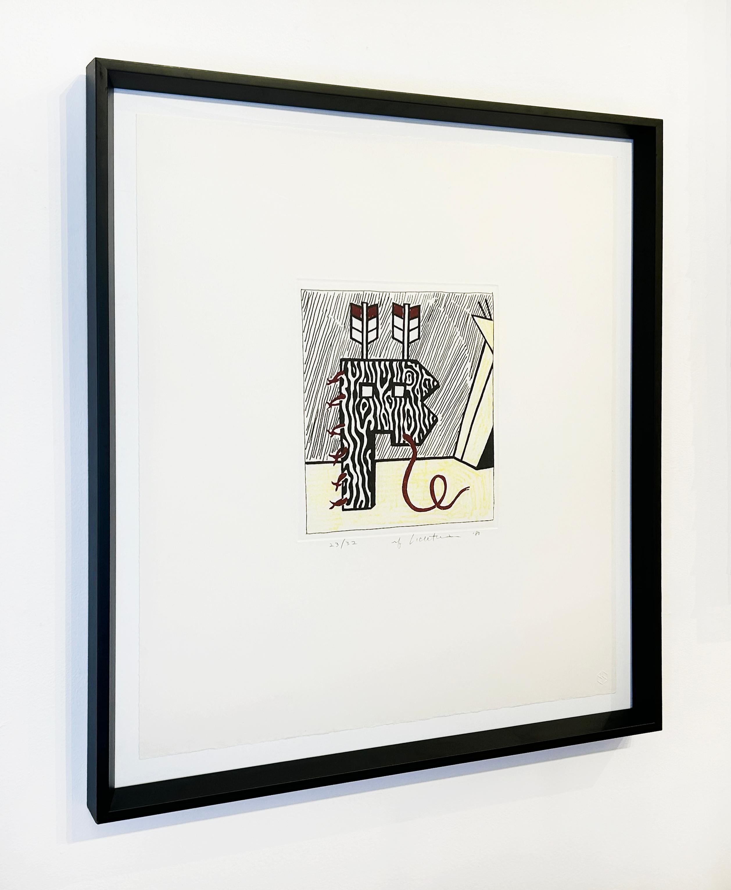 Artist:  Lichtenstein, Roy
Title:  Figure with Teepee
Series:  American Indian Theme
Date:  1980
Medium:  Soft-ground etching and aquatint in colors on Lana
Framed Dimensions:  27.5