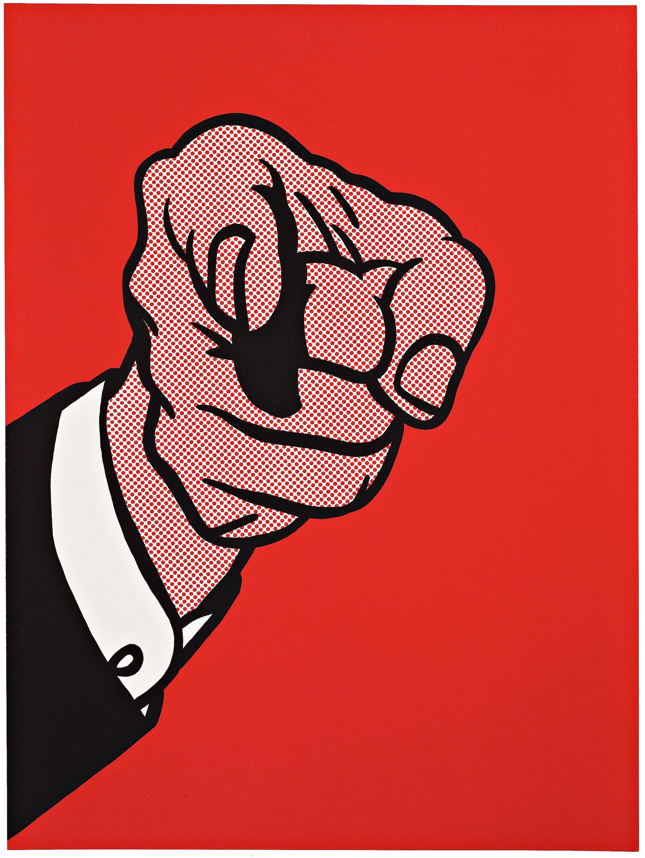 Roy Lichtenstein
Finger Pointing, 1973

Screenprint in colours, on wove
With the artist's copyright inkstamp verso
Numbered from the edition of 300
From The New York Collection for Stockholm
Published by Experiments in Art and Technology, Inc., New
