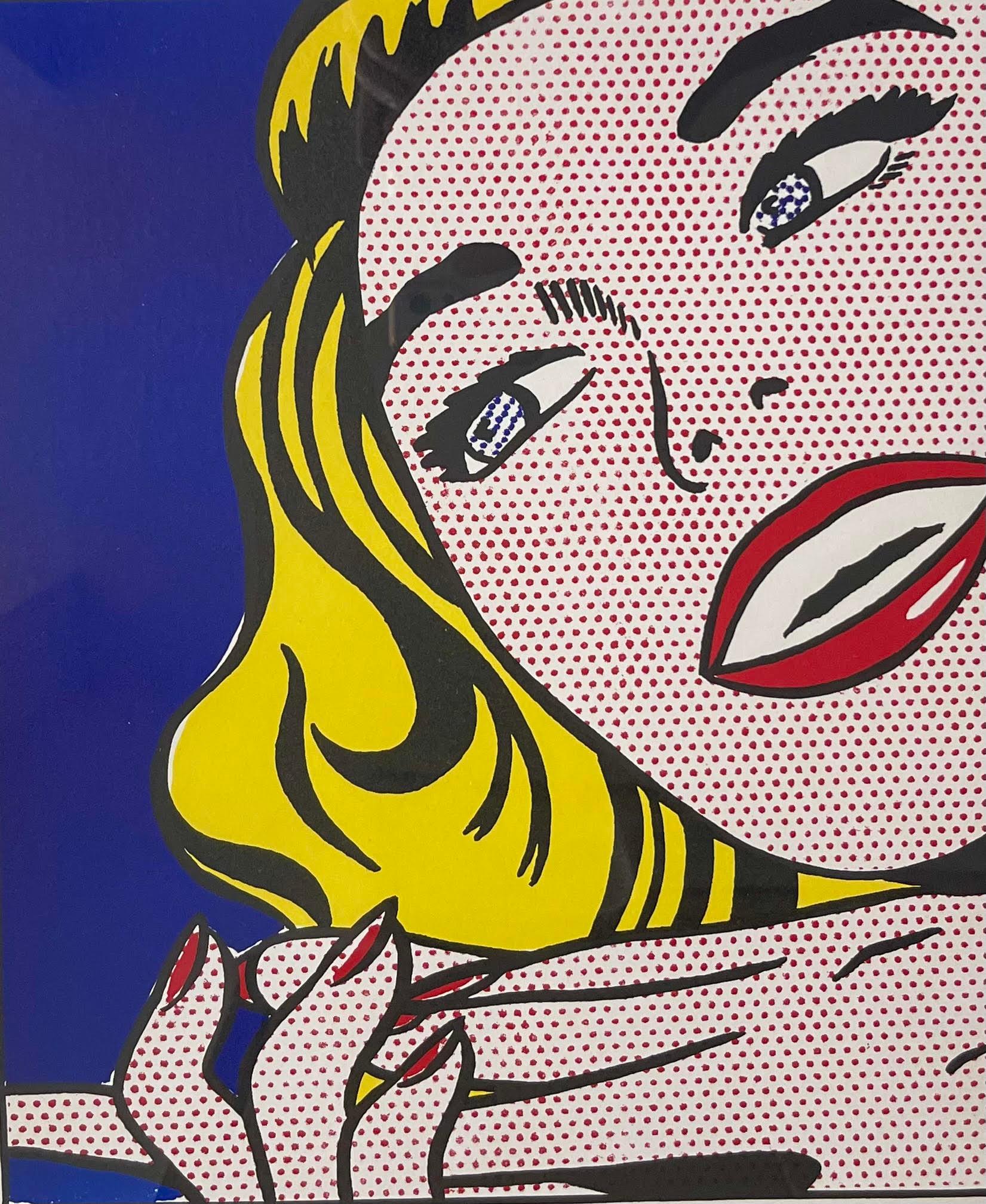 Roy Lichtenstein
Girl With Spraycan (édition de luxe signée à la main du portfolio Life à 1 cent, provenant de la succession de l'artiste Robert Indiana), 1964
Édition limitée à 100 exemplaires (#85/100) 
Lithographie étalée sur deux feuilles sur