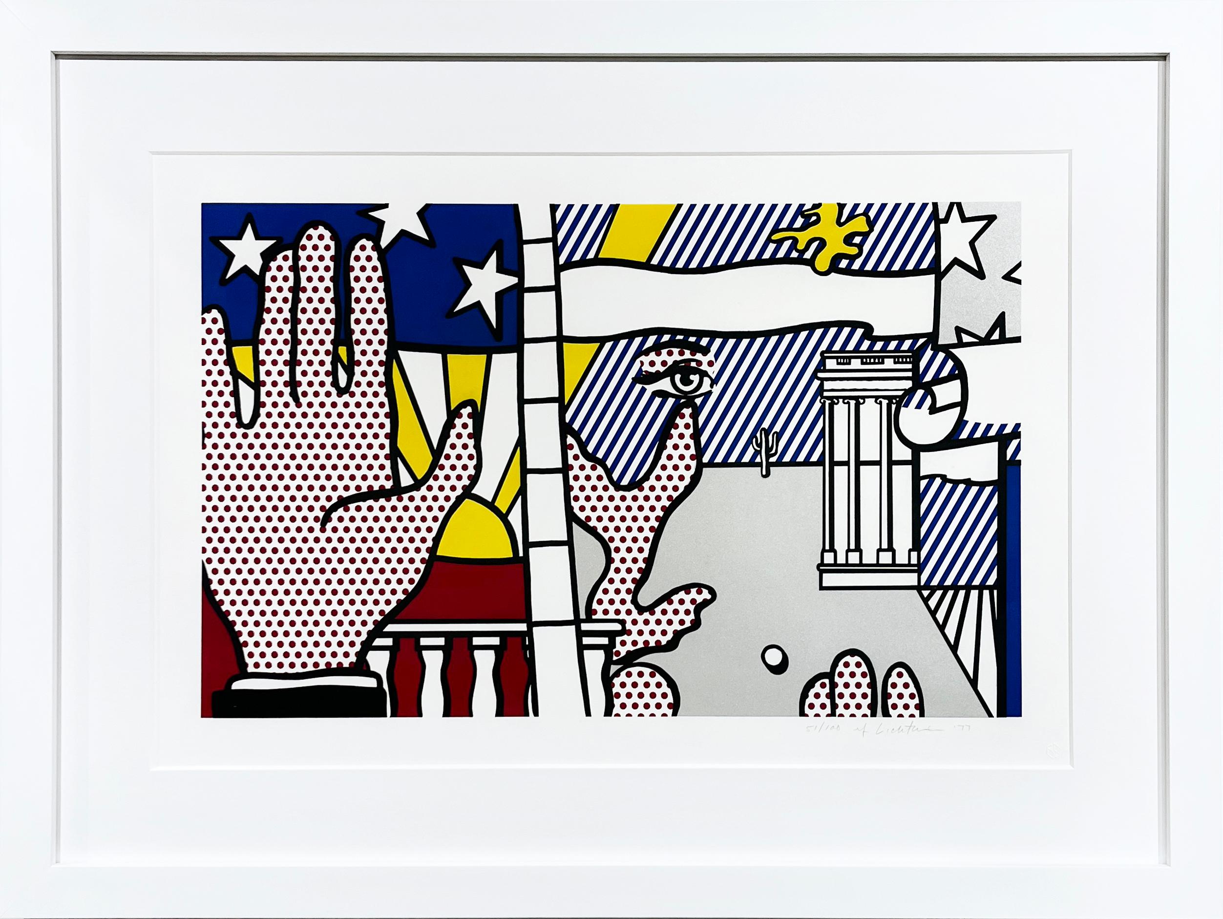 Artist:  Lichtenstein, Roy
Title:  Inaugural Print
Date:  1977
Medium:  Screenprint in colors on Arches 88 Paper
Unframed Dimensions:  20" x 30"
Framed Dimensions:  25.25" x 35"
Signature:  Pencil signed
Edition:  51/100
Literature:  Corlett