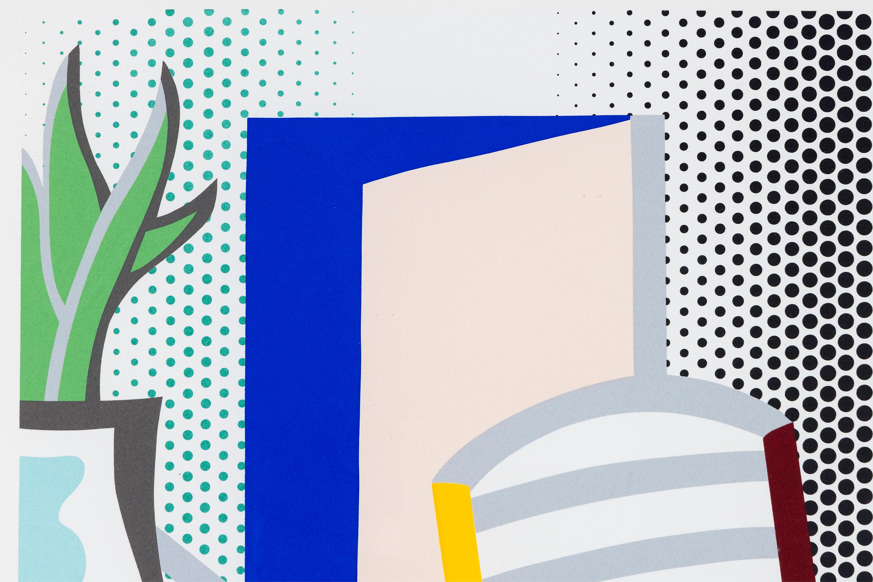 
A print by Roy Lichtenstein. “Interior with Chair, from the Leo Castelli 90th Birthday Portfolio” is a screenprint in a palette of bright colors by American pop artist, Roy Lichtenstein. The edition is XLII/XC. The artwork is signed in pencil,