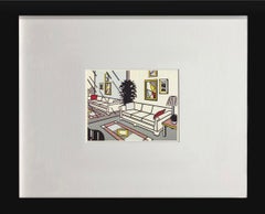 Interior with Mirrored Wall Offset Lithograph Postcard, Framed, 1993