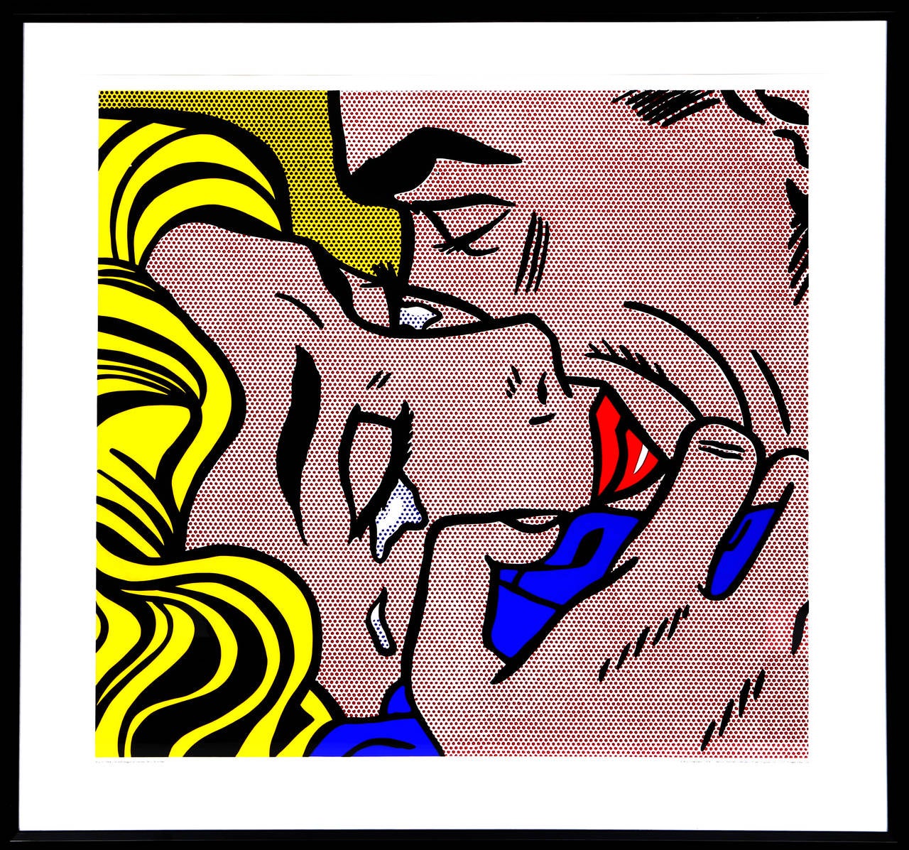 Künstler: Roy Lichtenstein, Amerikaner (1923 - 1997)
Titel: Kuss V
Jahr: 1980 (nach dem Gemälde von 1964) 
Medium: Siebdruck Poster
Papierformat: 36 Zoll x 36 Zoll (91,44 cm x 91,44 cm)
Rahmengröße: 40 Zoll x 40 Zoll
Herausgegeben von Poster