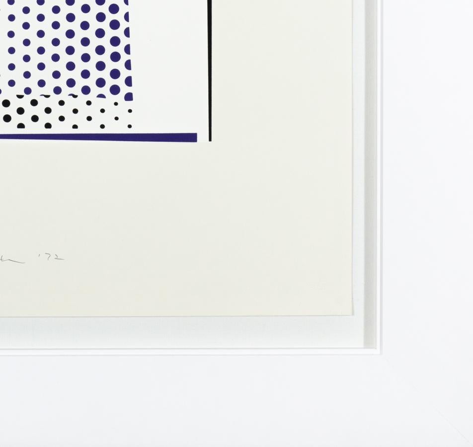 Mirror #9 (C.114) from the Mirror Series is a screenprint and lithograph on paper, 30 x 21.18 inches, signed and dated 'rf Lichtenstein '72' lower center margin and framed in a contemporary white frame.

Catalog - 
Corlett, The Prints of Roy