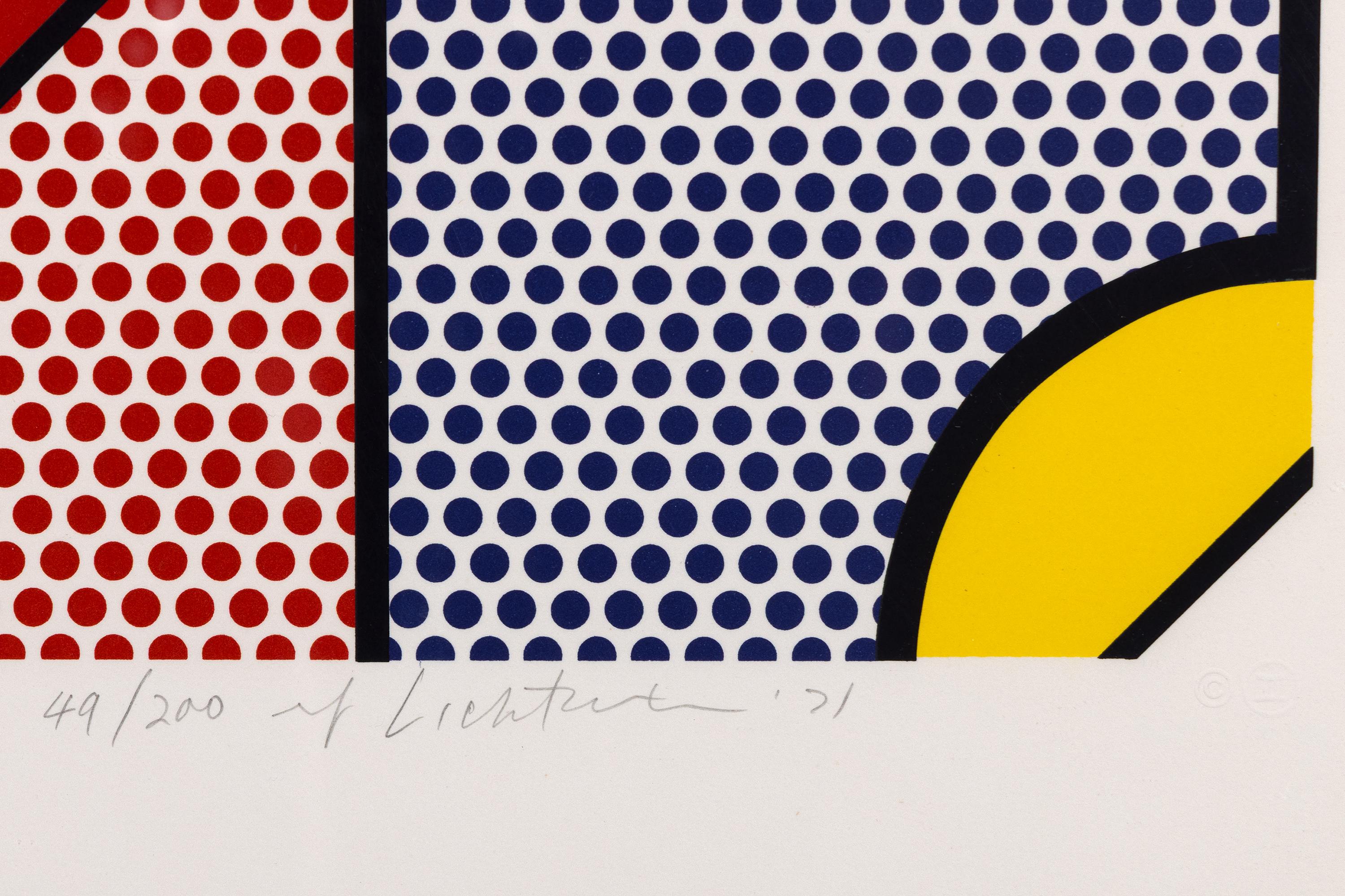 A print by Roy Lichtenstein. “Modern Print” is an abstract lithograph and screenprint in a palette of bright colors by American pop artist, Roy Lichtenstein. The edition is 49/200. The artwork is signed in pencil, lower right, 