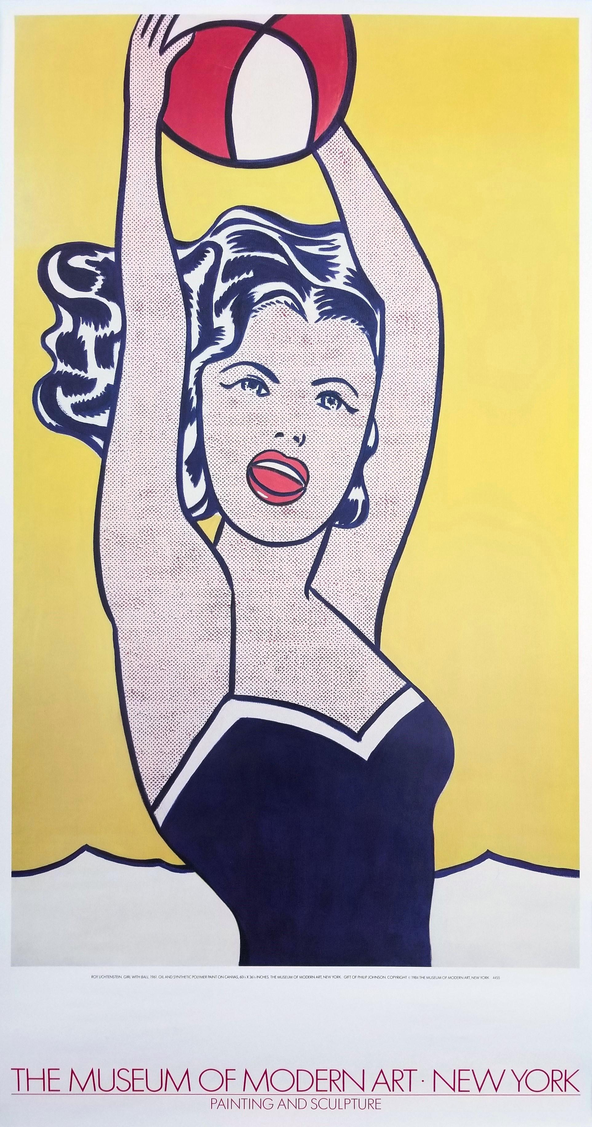 Artist: (after) Roy Lichtenstein (American, 1923-1997)
Title: "Museum of Modern Art (Girl with Ball)"
Year: 1984
Medium: Original Offset-Lithograph, Exhibition Poster on smooth wove paper
Limited edition: Unknown
Printer: Unknown, likely New York,