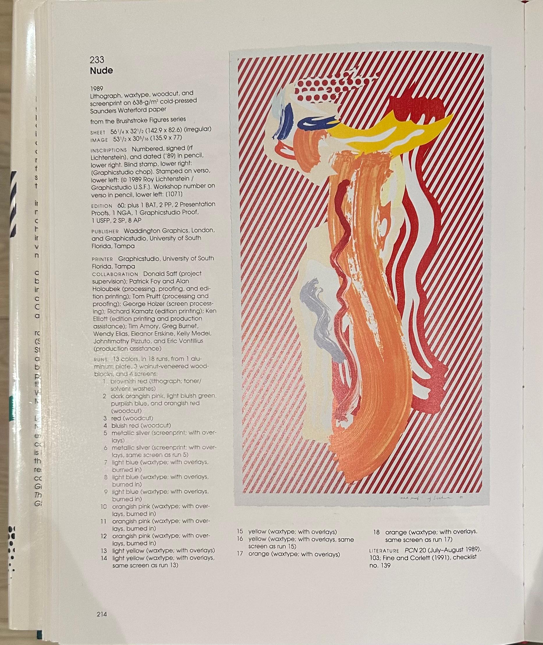 Artistics : Roy Lichtenstein
Titre : Nu, tiré de Brushstroke Figures
Support : Lithographie, gravure à la cire, gravure sur bois et sérigraphie sur papier Saunders Waterford pressé à froid.
Date : 1989
Edition : 54/60
Taille de la feuille : 56 1/4