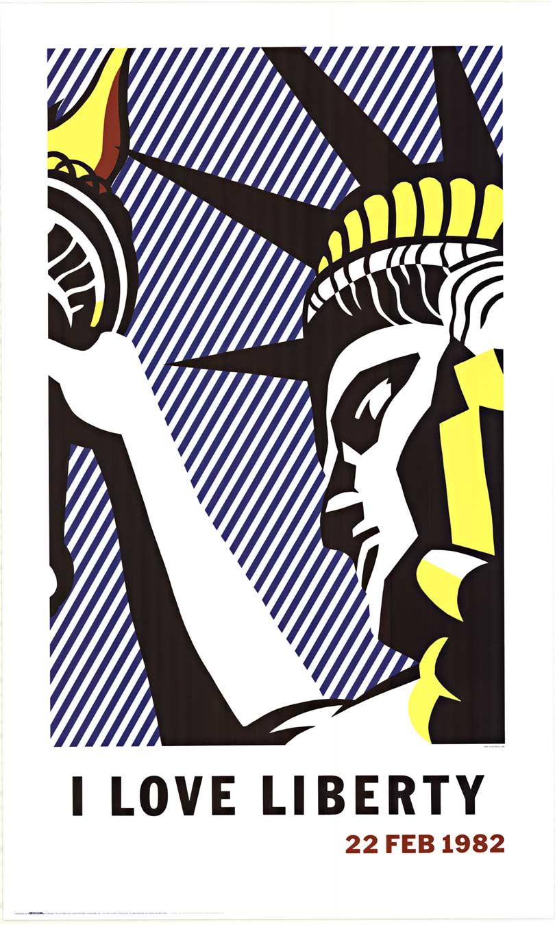 Original "I LOVE LIBERTY"; Artista:  Roy Lichtenstein.   Tamaño:  24" x 39"     Roy Lichtenstein, I Love Liberty es un póster original vintage auténtico de 1982.   Listo para enmarcar.   Impresora:  Alan Lithograph Inc., Los Ángeles.
Se imprime en