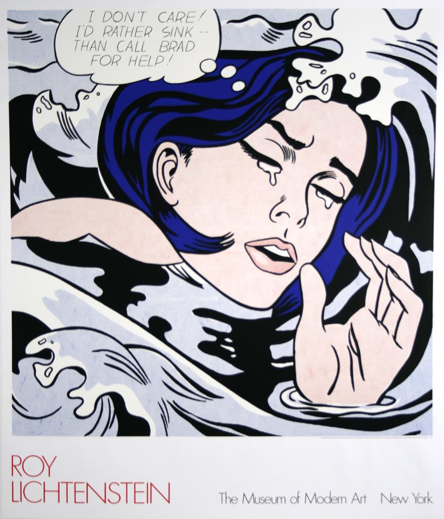 Drowning Girl by Roy Lichtenstein is an original poster created in 1989 by the Museum of Modern Art in New York. The image is based off a story from a 1962 DC Comic, titled “Secret Love #83”. In the center of an image, a girl is swarmed by both