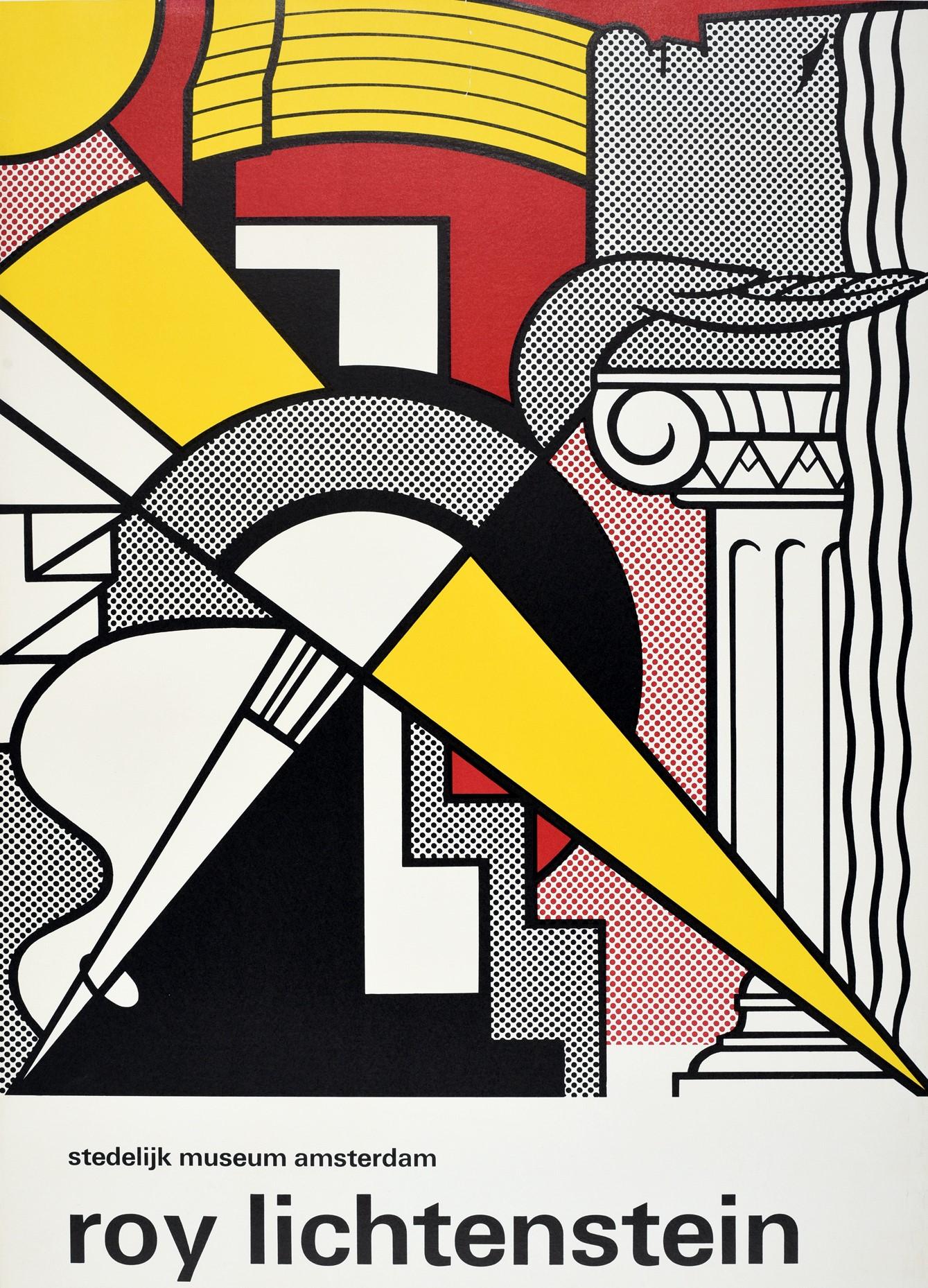Originales Vintage-Ausstellungsplakat mit dem farbenfrohen Pfeil- und Säulendesign des bekannten Pop-Art-Künstlers Roy Lichtenstein (1923-1997) mit abstrakten geometrischen Linien und Halbtonpunkten:: um ein von Comics inspiriertes Bild zu schaffen;