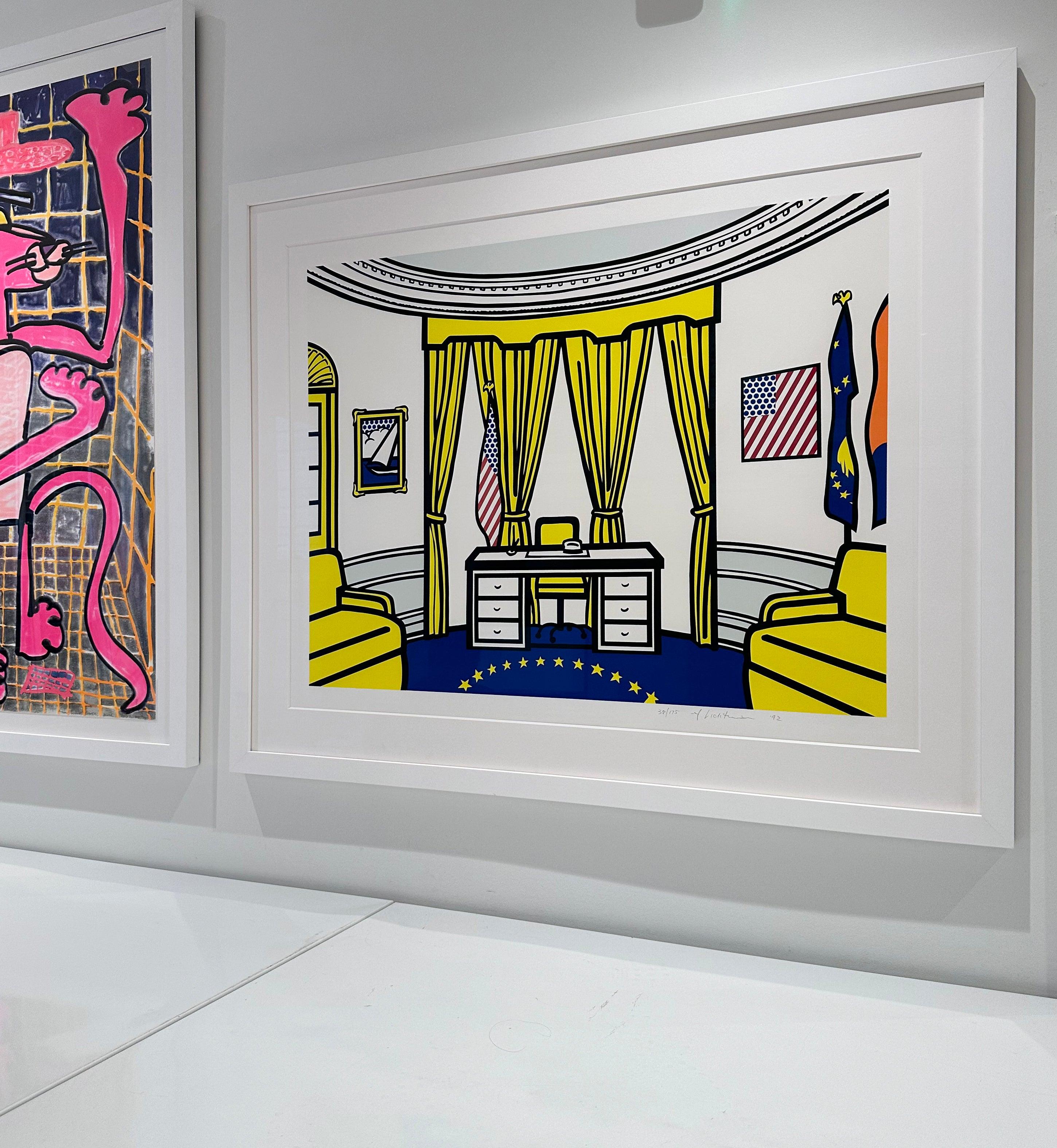 Artist: Roy Lichtenstein
Title: Oval Office
Medium: Screenprint in colors on Rives BFK paper
Year: 1992
Edition: 38/175
Frame Size: 42 3/4