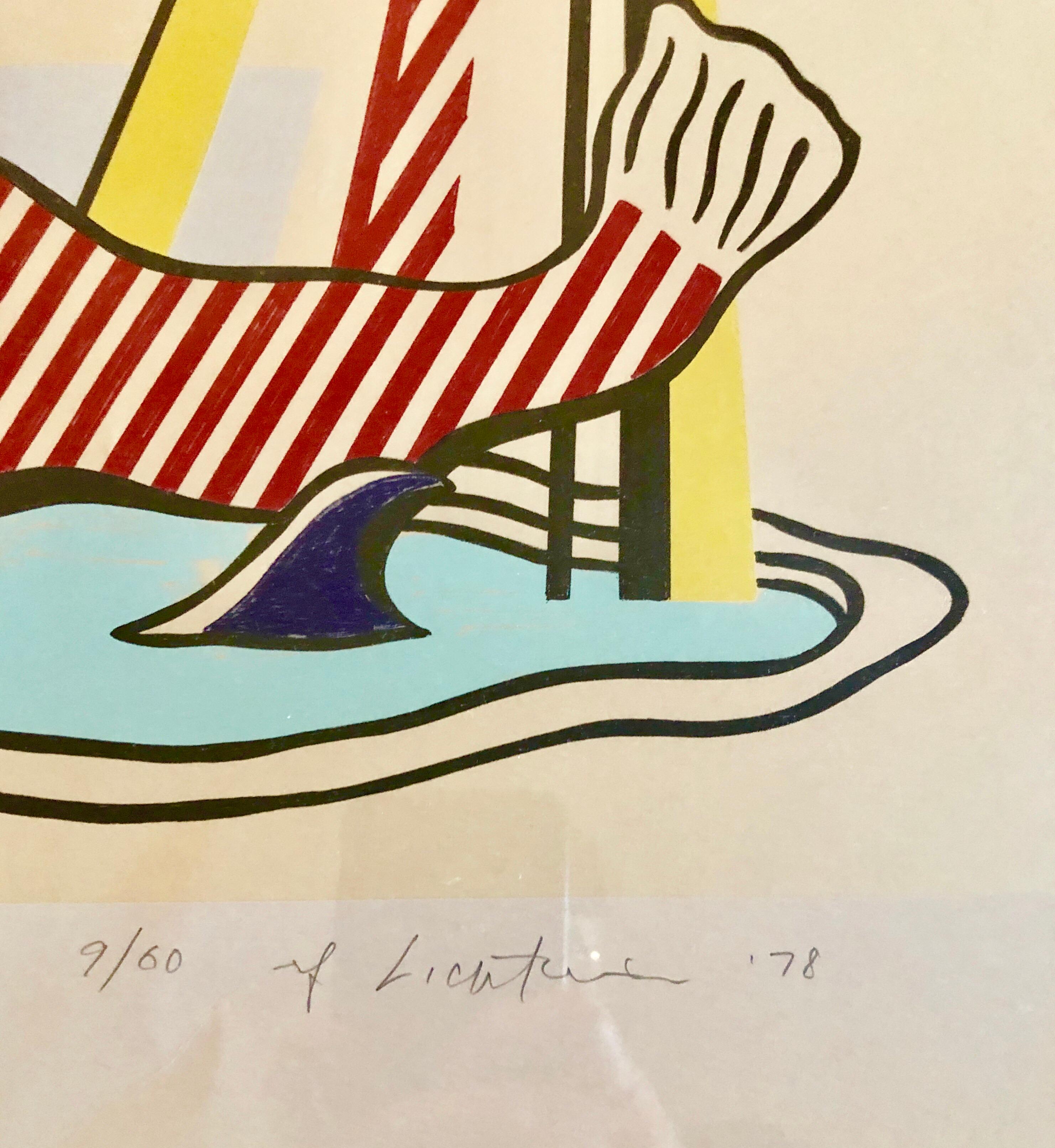 Roy Lichtenstein Meerjungfrau Original-Lithographie auf Arches-Papier
aus dem Nachlass eines der ursprünglichen Spender der Skulptur. 
8 Farblitho auf Papier. Kunstwerk zeigt eine Pop-Art-Nixe Bild aus dem Künstler Original  Mockup-Rendering.