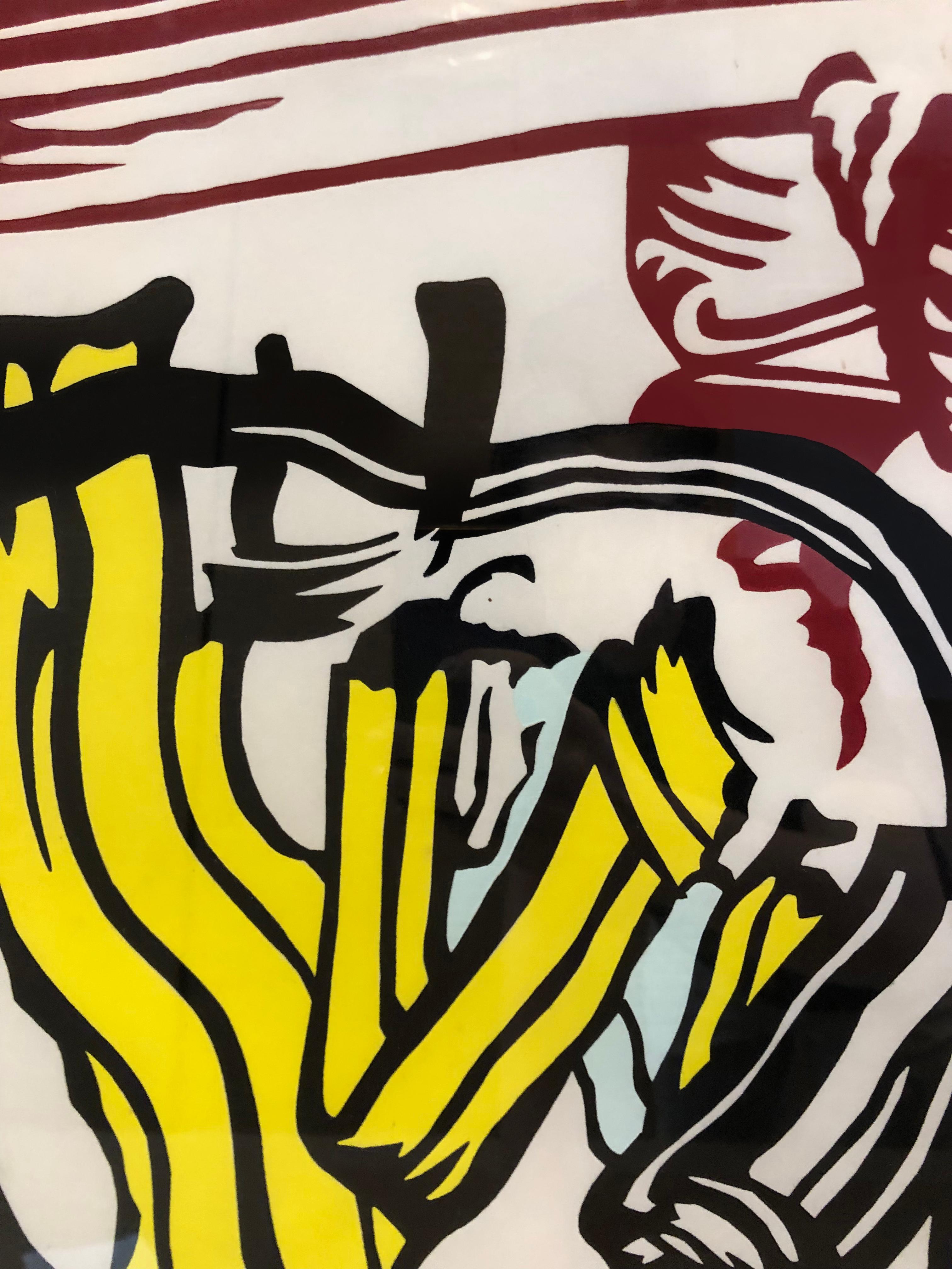 This Roy Lichtenstein woodcut from the Seven Apple Woodcuts portfolio is an electric take on the humble still life. Striated black brushstrokes sketch the outline of two apples, filled with yellow and red from left to right in graphic ribbons of