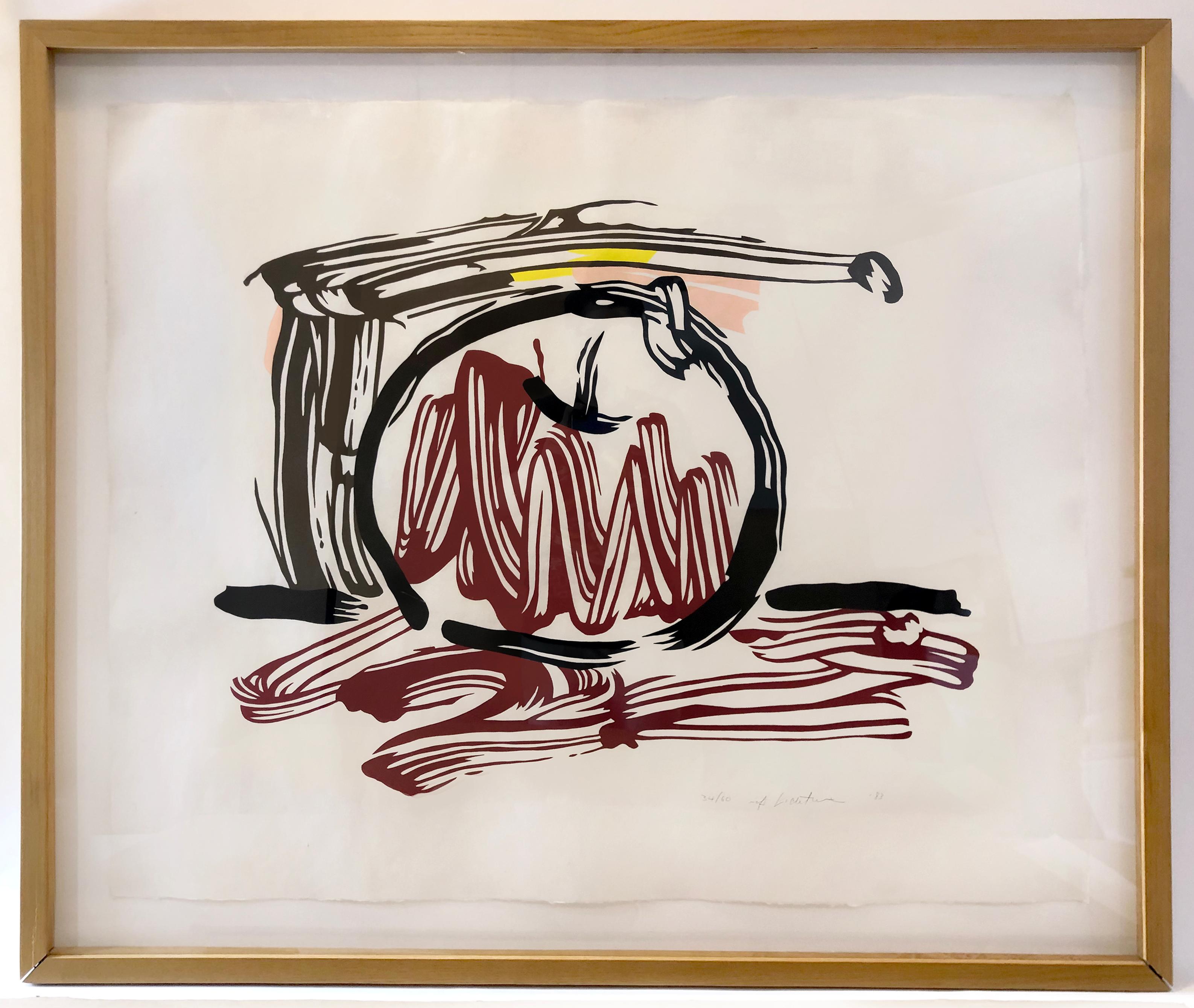 This Roy Lichtenstein woodcut from the Seven Apple Woodcuts portfolio is an electric take on the humble still life. Striated black brushstrokes sketch the outline of two apples, filled with yellow and red from left to right in graphic ribbons of