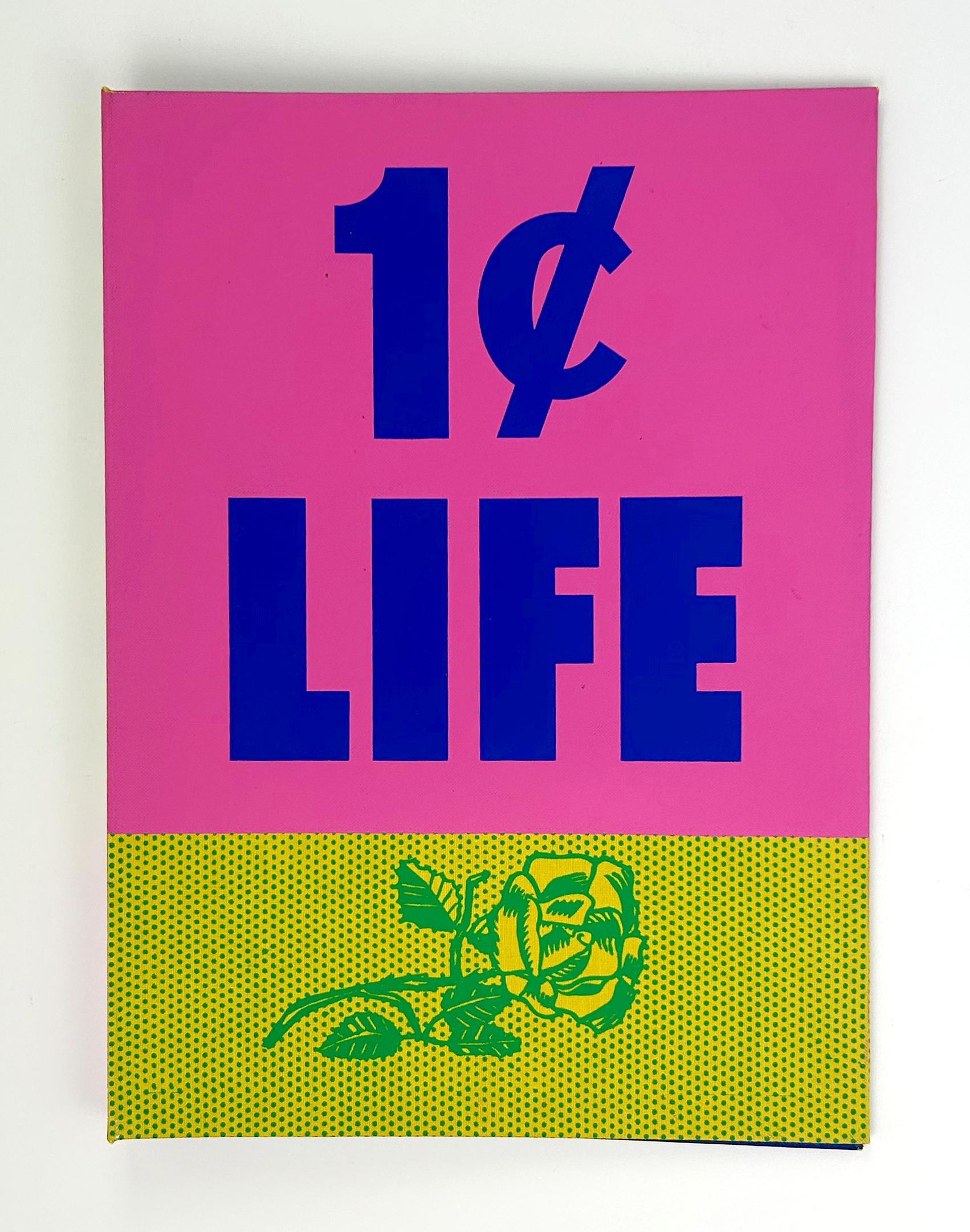 Artist: Roy Lichtenstein
Title: Rose, Cover from 1 Cent Life
(Rose) Screenprint in green over yellow linen and (1 Cent Life) Screenprint in pink over blue lettering on board of unbound book
Year: 1964
Medium: Silkscreen on linen on heavy board
Size