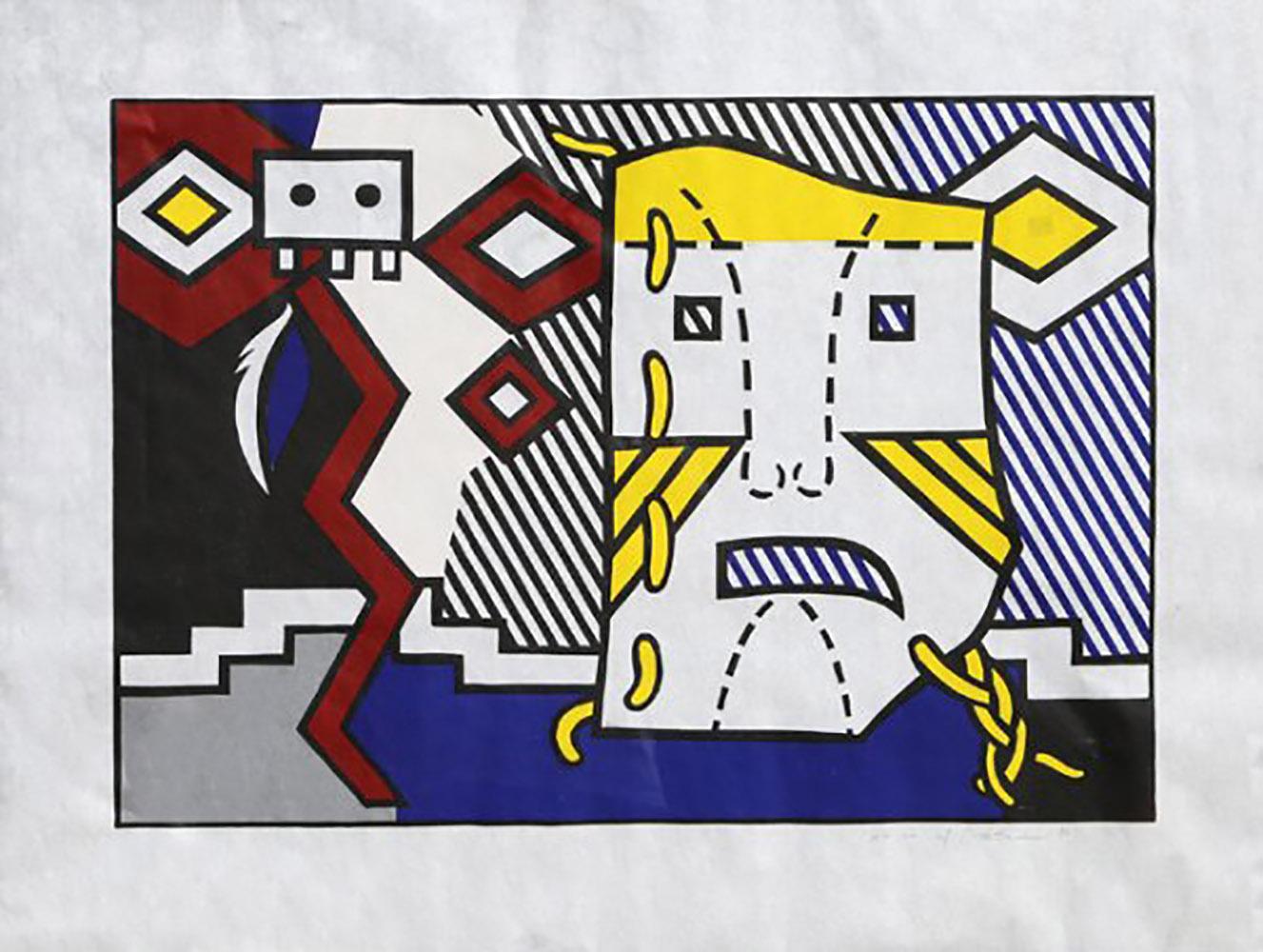 American Indian Theme V (C. 164)
By
Roy Lichtenstein - American (1923–1997)
Portfolio: American Indian Theme Series
Date: 1980
Woodcut on Handmade Suzuki Paper, signed and numbered in pencil
Edition of 50, AP 14 (of 18)
Edition number: 13/50
Image