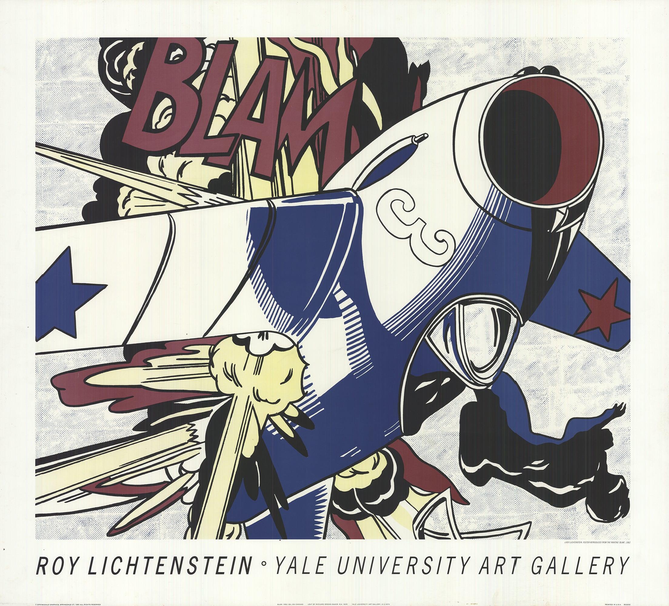 Dieses Plakat, das 1991 für die Yale University Art Gallery geschaffen wurde, stellt Roy Lichtensteins ikonisches Werk "Blam" von 1962 in Öl auf Leinwand nach. Gedruckt von Springdale Graphic in Springdale, Connecticut, fängt es die kräftigen Farben