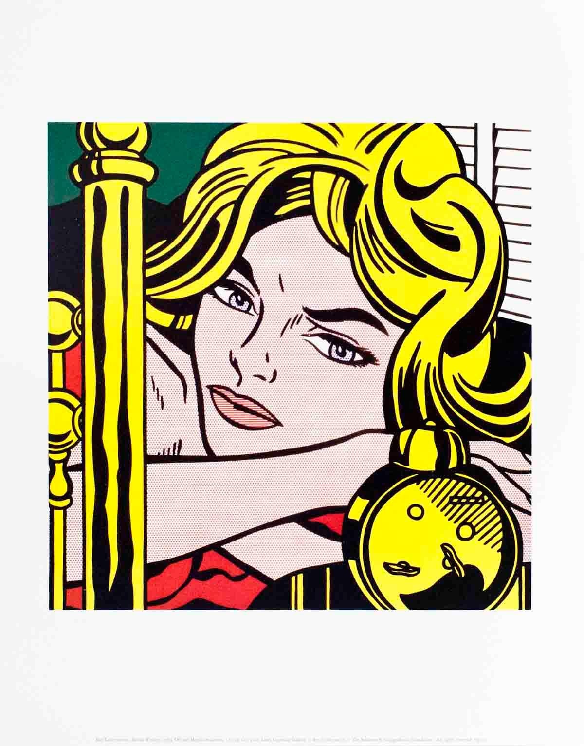 This offset lithograph, Blonde Waiting, is part of a now out-of-print six-print portfolio published by the Guggenheim Museum, featuring one of Roy Lichtenstein’s most iconic and sought-after subjects. A quintessential example of Lichtenstein’s Pop
