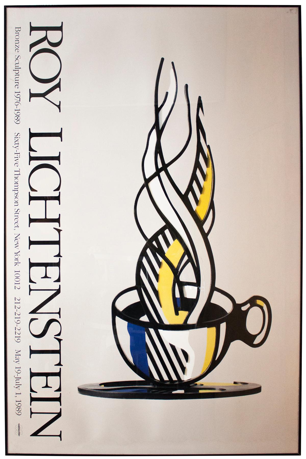 1989 exhibition poster for an exhibit of Lichtenstein's bronze sculptures held at 65 Thompson Street from May 19 to July 1. 1989. it is based on Lichtenstein's 1977 bronze sculpture, which was featured in the exhibit. 

The piece is in a black