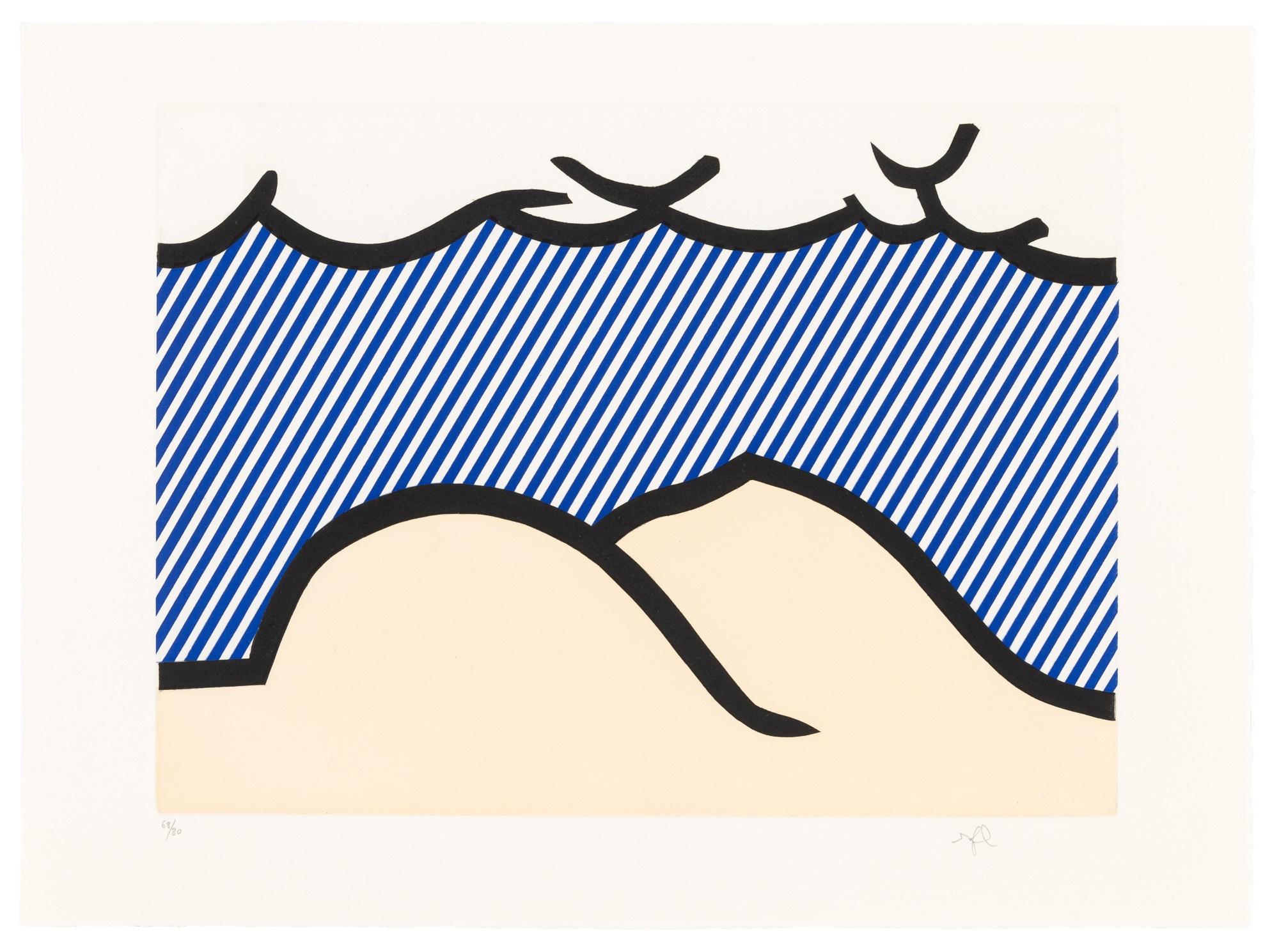 Roy Lichtenstein
Illustration for ‘De Denver au Montana, Départ 27 Mai 1972” (I), From ‘La Nouvelle Chute de l’Amérique (The New Fall of America)” 
Etching and aquatint on 250-gram Velin d'Arches paper
Initialed in pencil lower right, numbered in