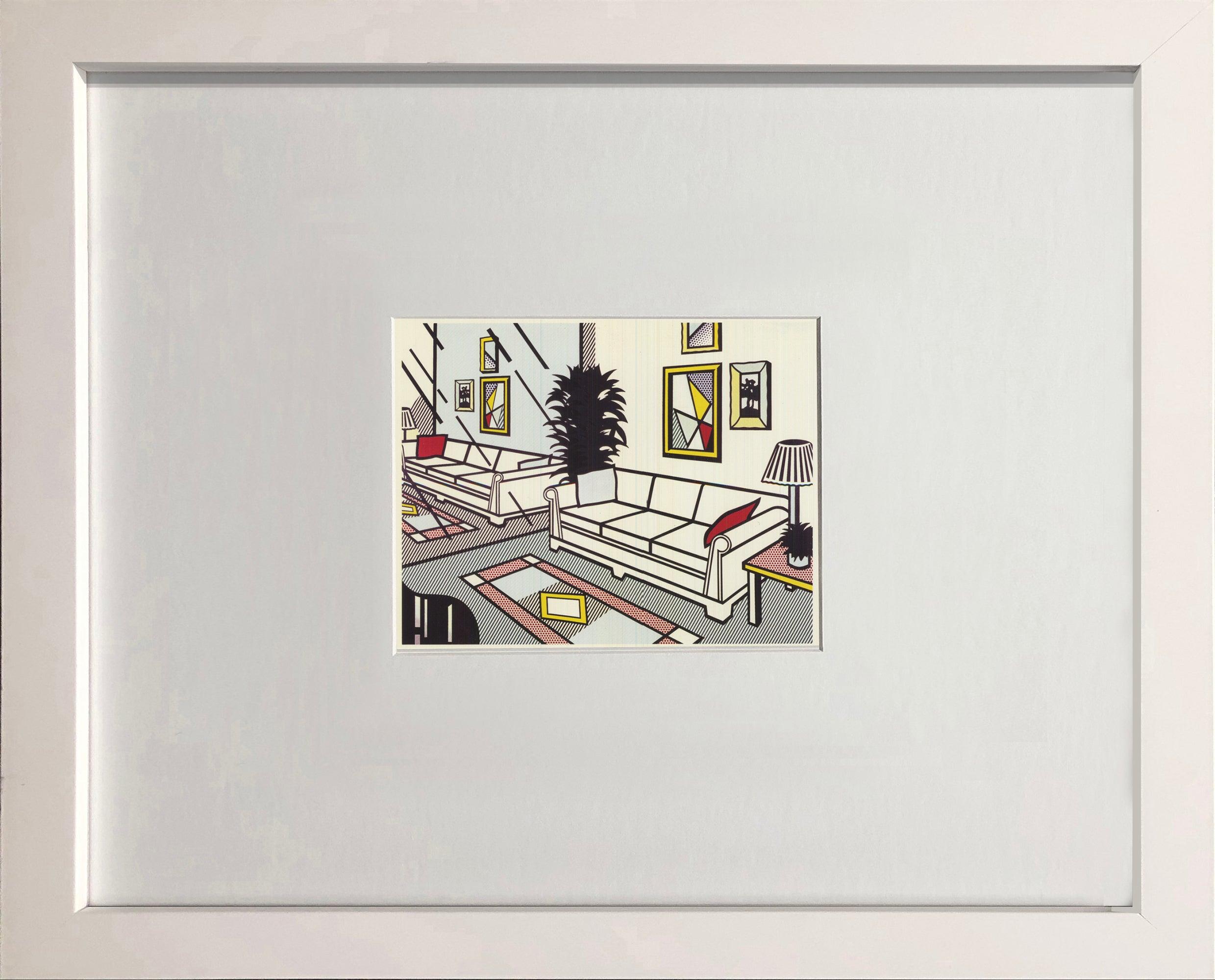 Vintage offset lithograph postcard featuring Roy Lichtenstein’s Interior with Mirrored Wall, published by the Guggenheim Museum in conjunction with his 1993 retrospective. Professionally framed in white wood, the piece is contemporary and ready to