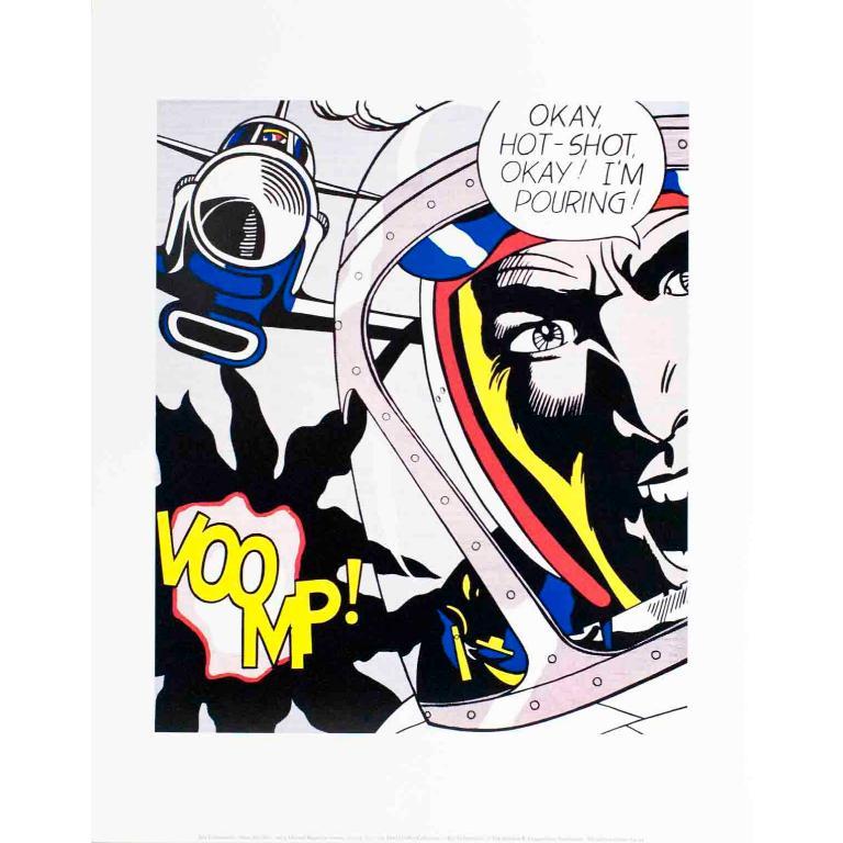 Questa litografia offset, OK Hot Shot, fa parte di un portfolio di sei stampe, ormai esaurito, pubblicato dal Guggenheim Museum, che mette in evidenza l'estetica Pop Art tipica di Roy Lichtenstein. Catturando l'energia drammatica dei classici