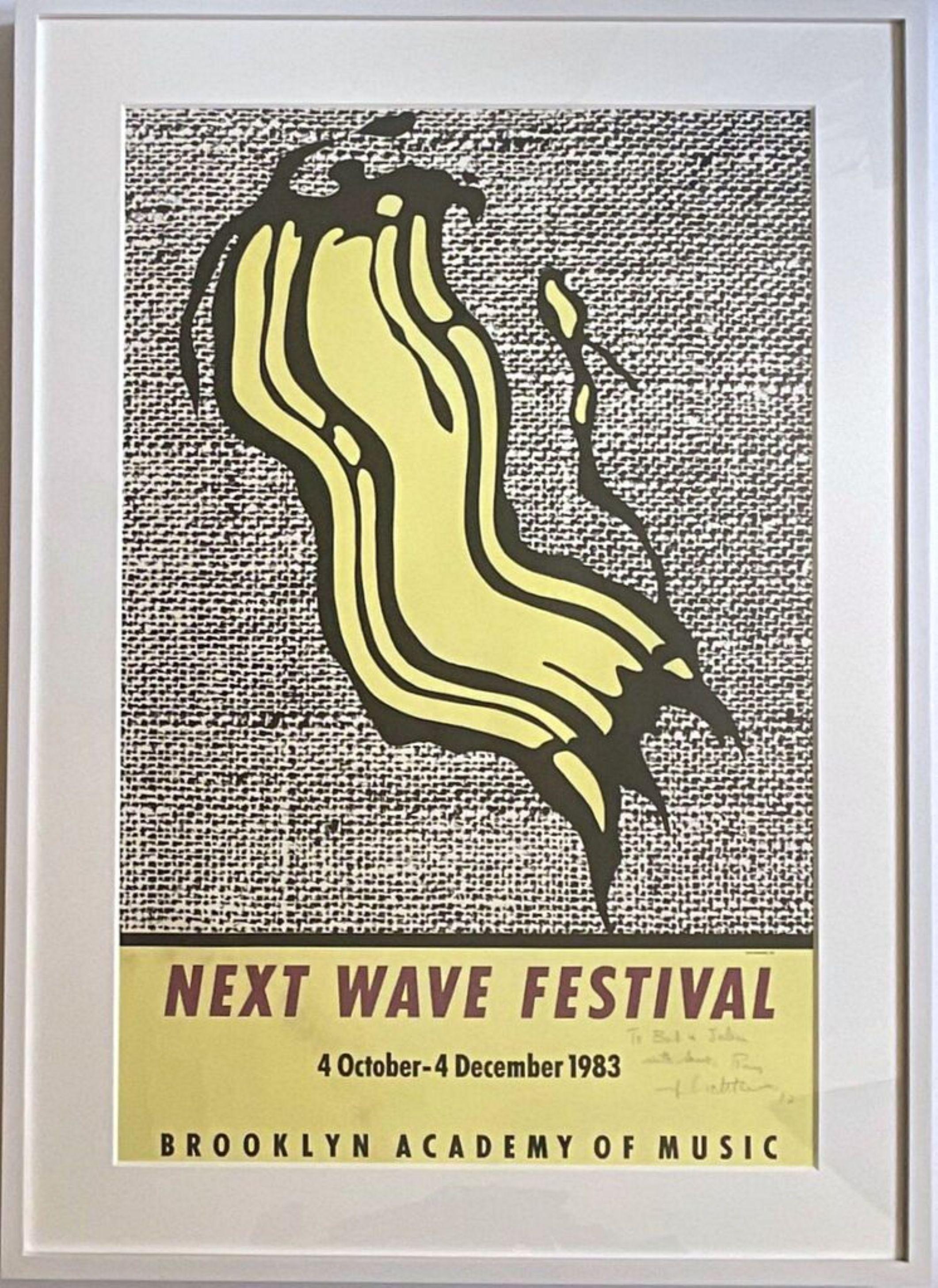 Roy Lichtenstein
Next Wave Festival Poster (Hand signed, warmly inscribed and dated), 1983
Offset lithograph (hand signed, uniquely inscribed, and dated by Roy Lichtenstein)
Signed, dated and inscribed "to Bob and John with Love, Roy Lichtenstein