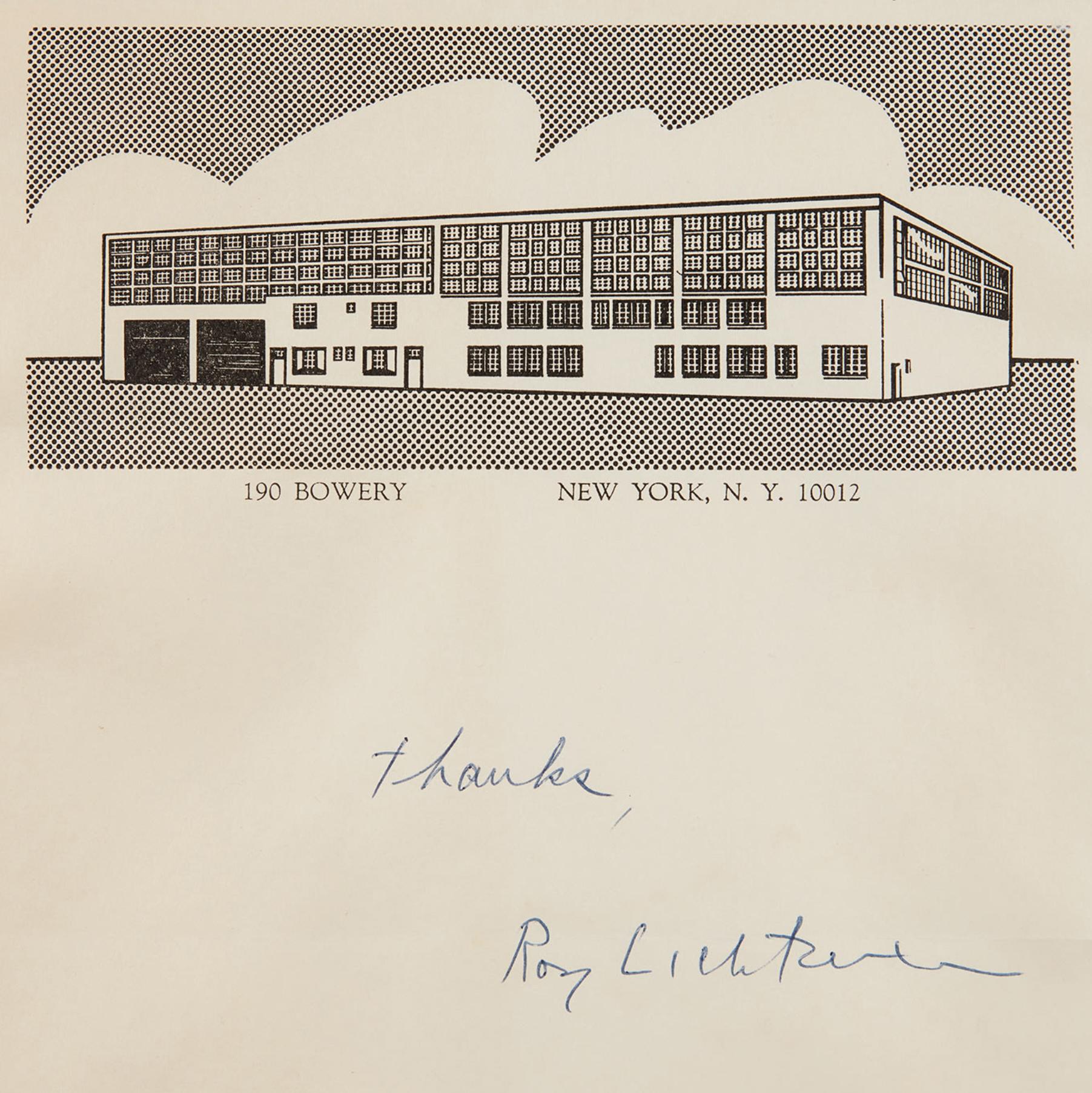 Inmobiliaria Roy Lichtenstein (Membrete inscrito):
Rarísimo membrete firmado a mano de la Inmobiliaria Roy Lichtenstein, circa 1969. 

Papel con membrete impreso en offset sobre papel tejido. Enmarcado y listo para enmarcar. 

Dimensiones: 9 7/8 x 8